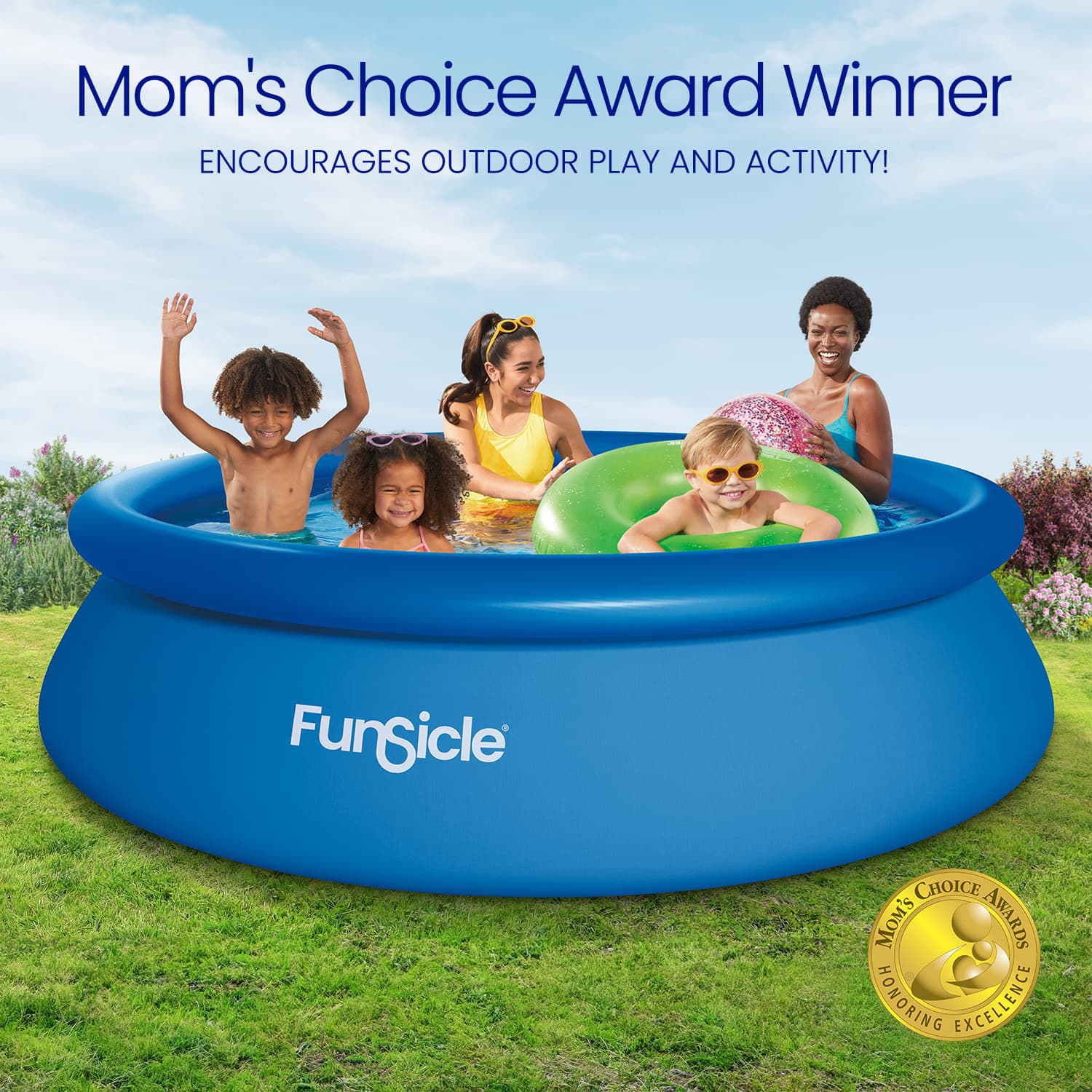 Children playing in a blue inflatable pool with 'Funsicle' branding and 'Mom's Choice Award' text.