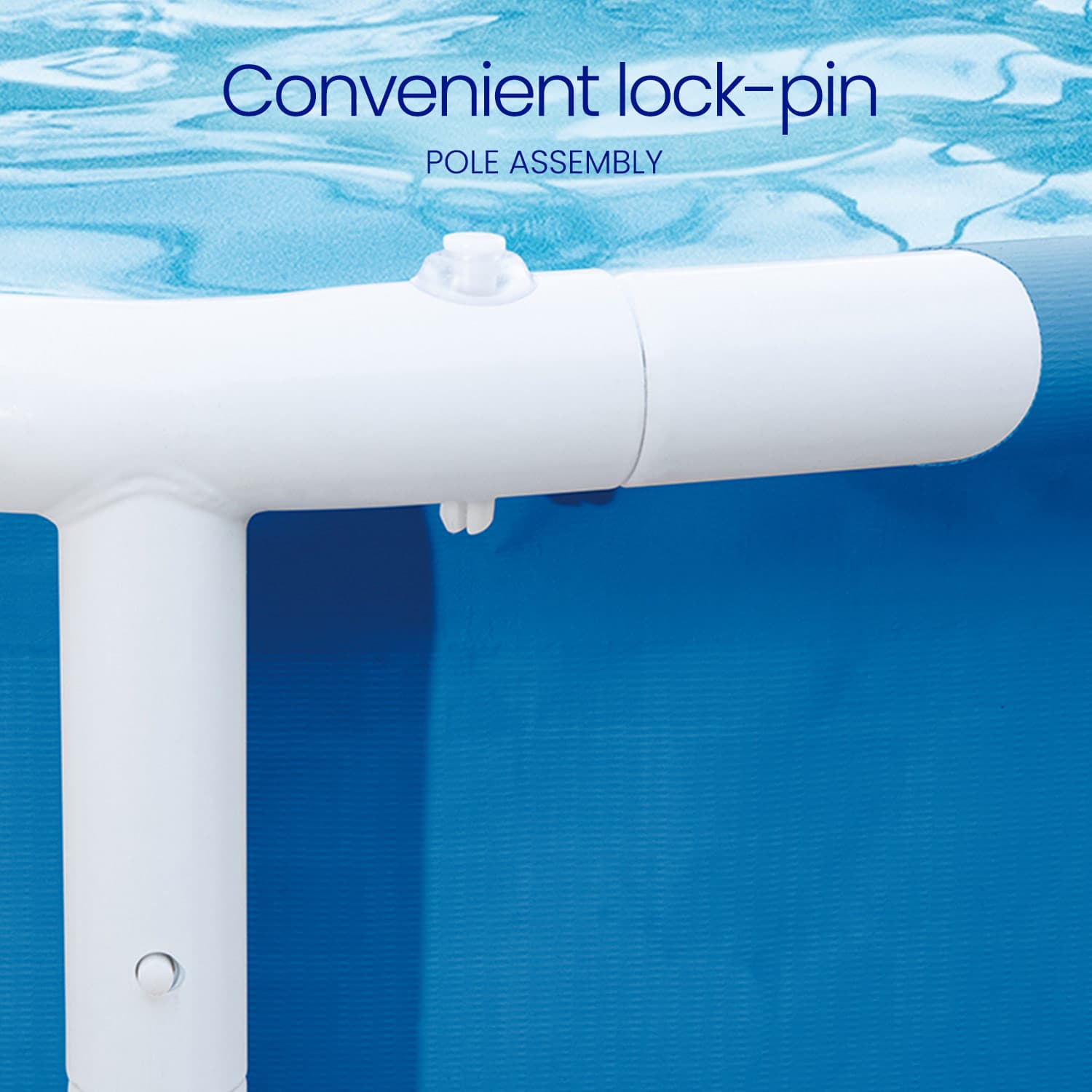 Pool pole assembly with lock-pin feature against a pool background