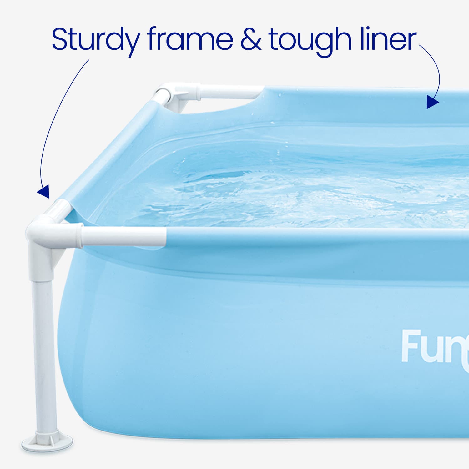 Blue frame pool with white support frame and text highlighting 'Sturdy frame & tough liner'.