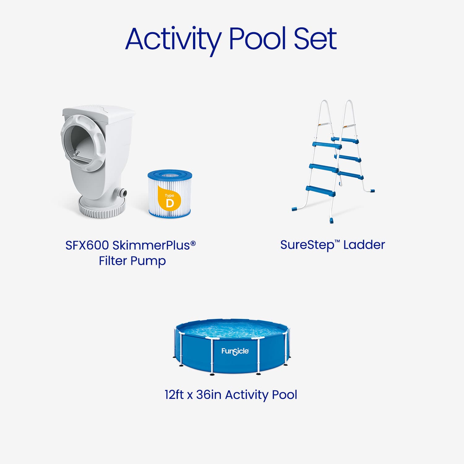Funsicle activity pool set with SFX600 SkimmerPlus Filter Pump, SureStep Ladder, and 12ft x 36in Activity Pool on a white background.