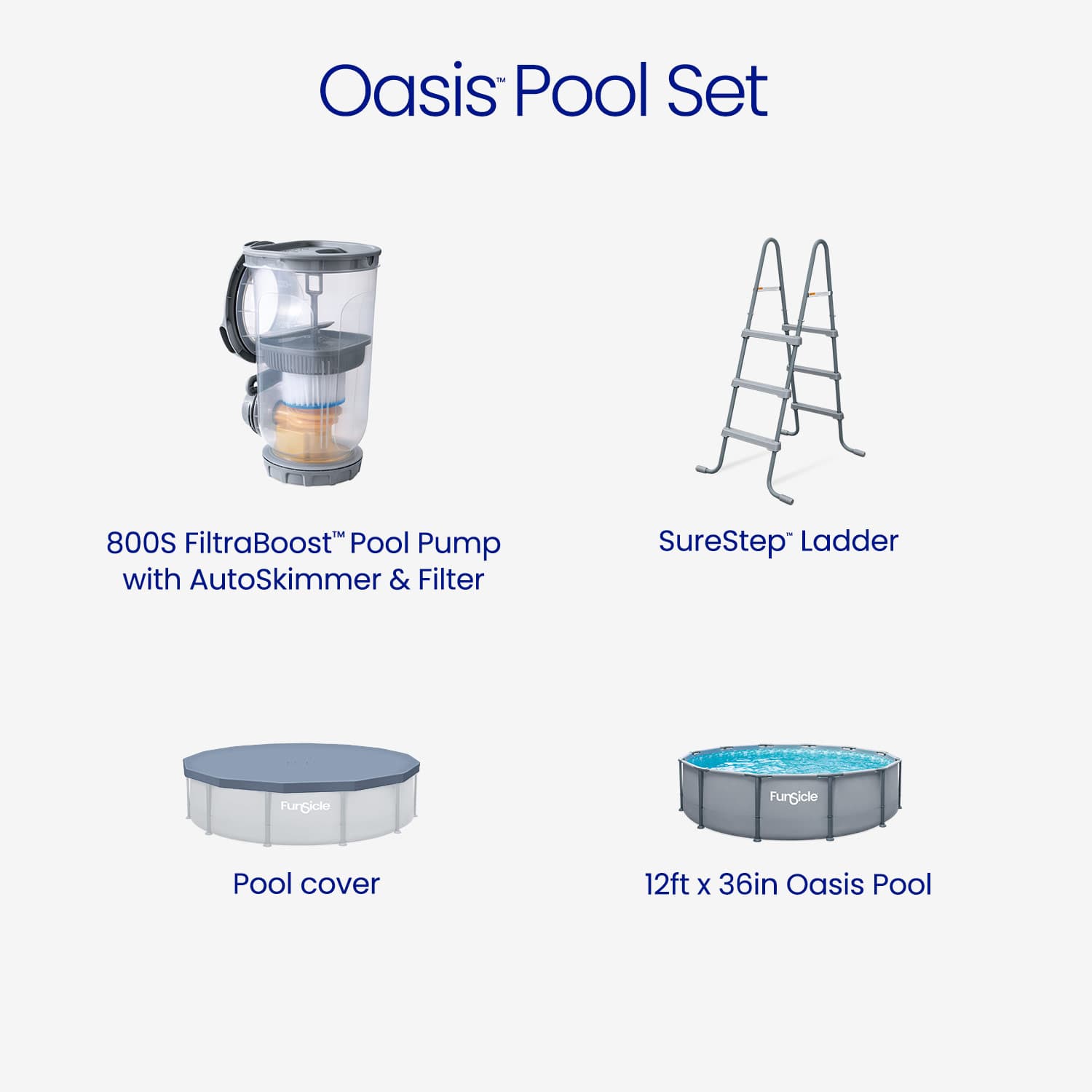 Oasis Pool Set with pump, ladder, cover, and pool on a white background