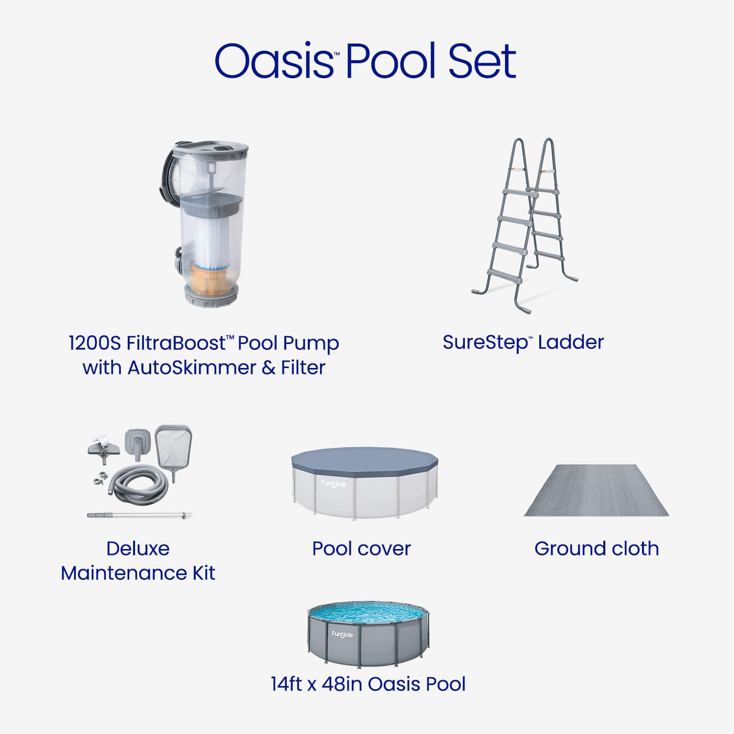 Oasis Pool Set with pool pump, ladder, cover, maintenance kit, and ground cloth on a white background.