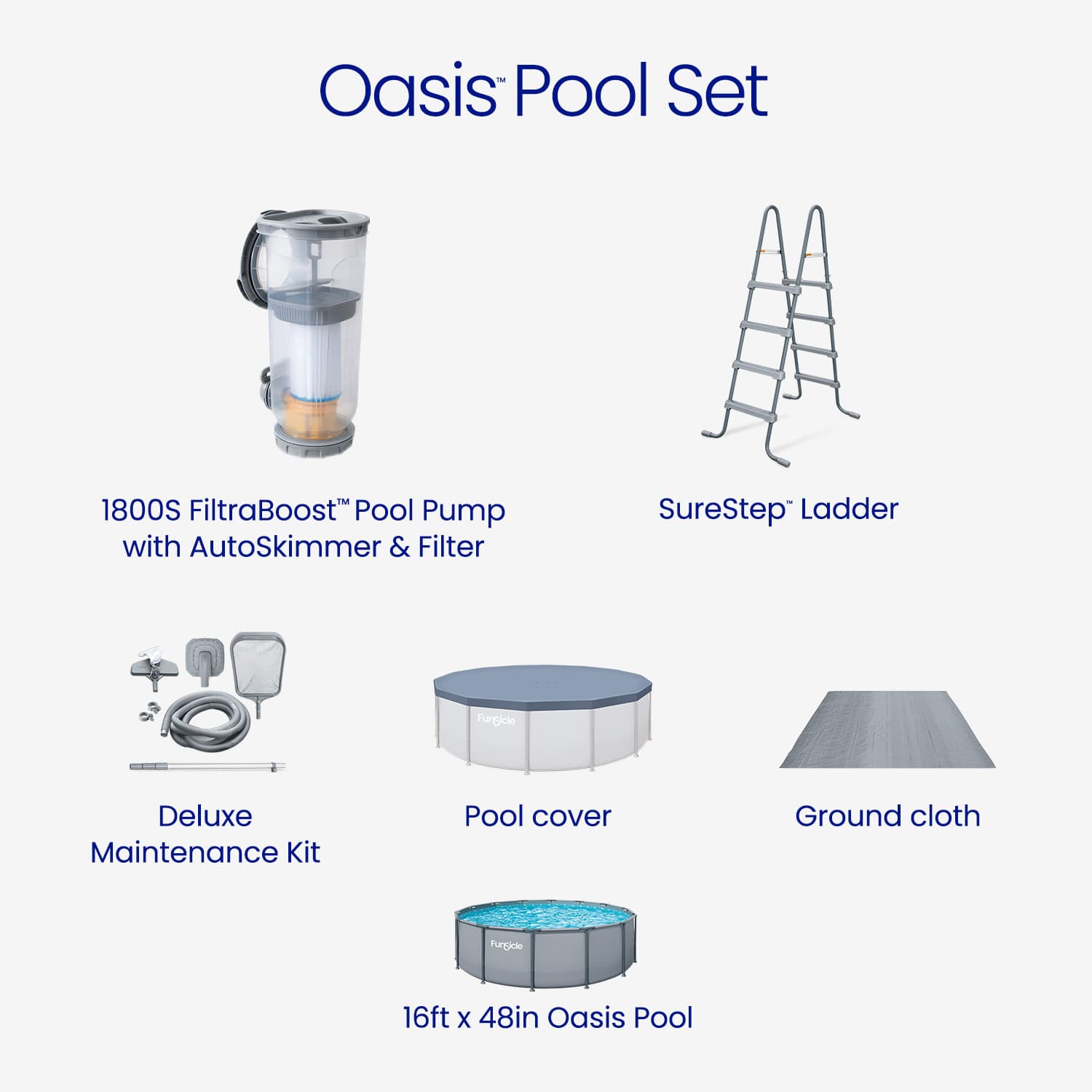 Oasis Pool Set with pool pump, ladder, cover, maintenance kit, and ground cloth on a white background.