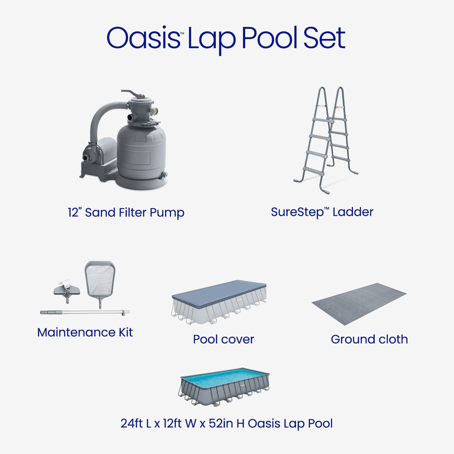 Oasis Lap Pool Set with components including a sand filter pump, ladder, maintenance kit, pool cover, ground cloth, and pool.