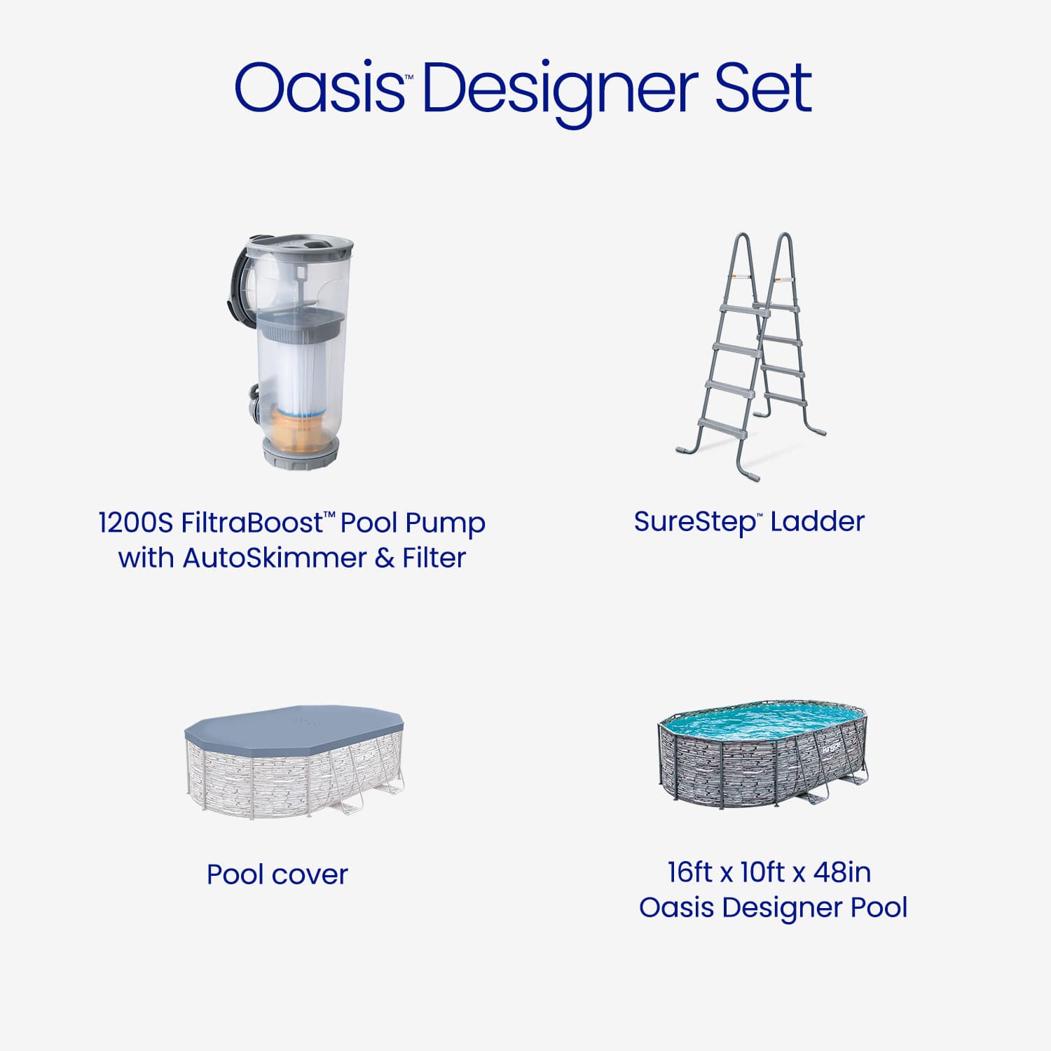 Oasis Designer Set with pool pump, ladder, cover, and pool on a white background