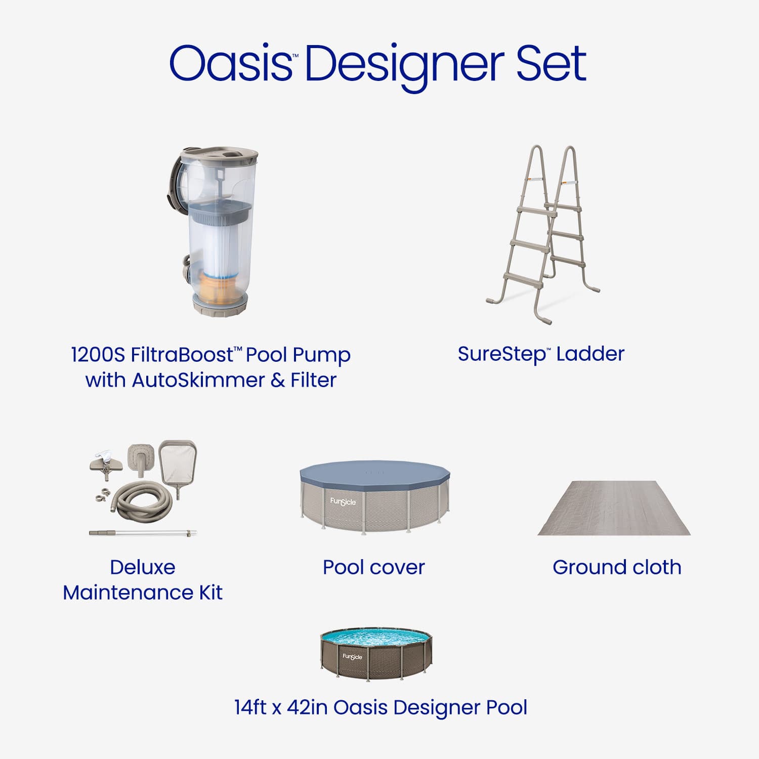 Oasis Designer Set with pool pump, ladder, cover, maintenance kit, and ground cloth on a white background.