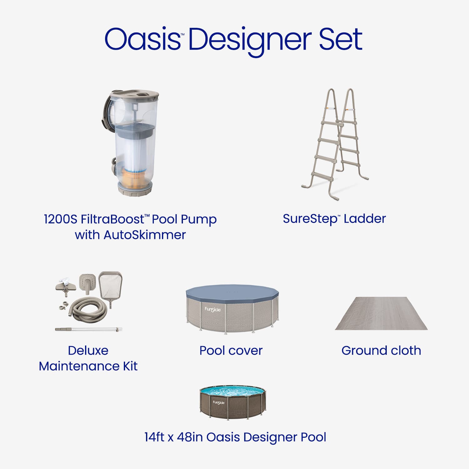 Oasis Designer Set with pool pump, ladder, cover, maintenance kit, and ground cloth on a white background.
