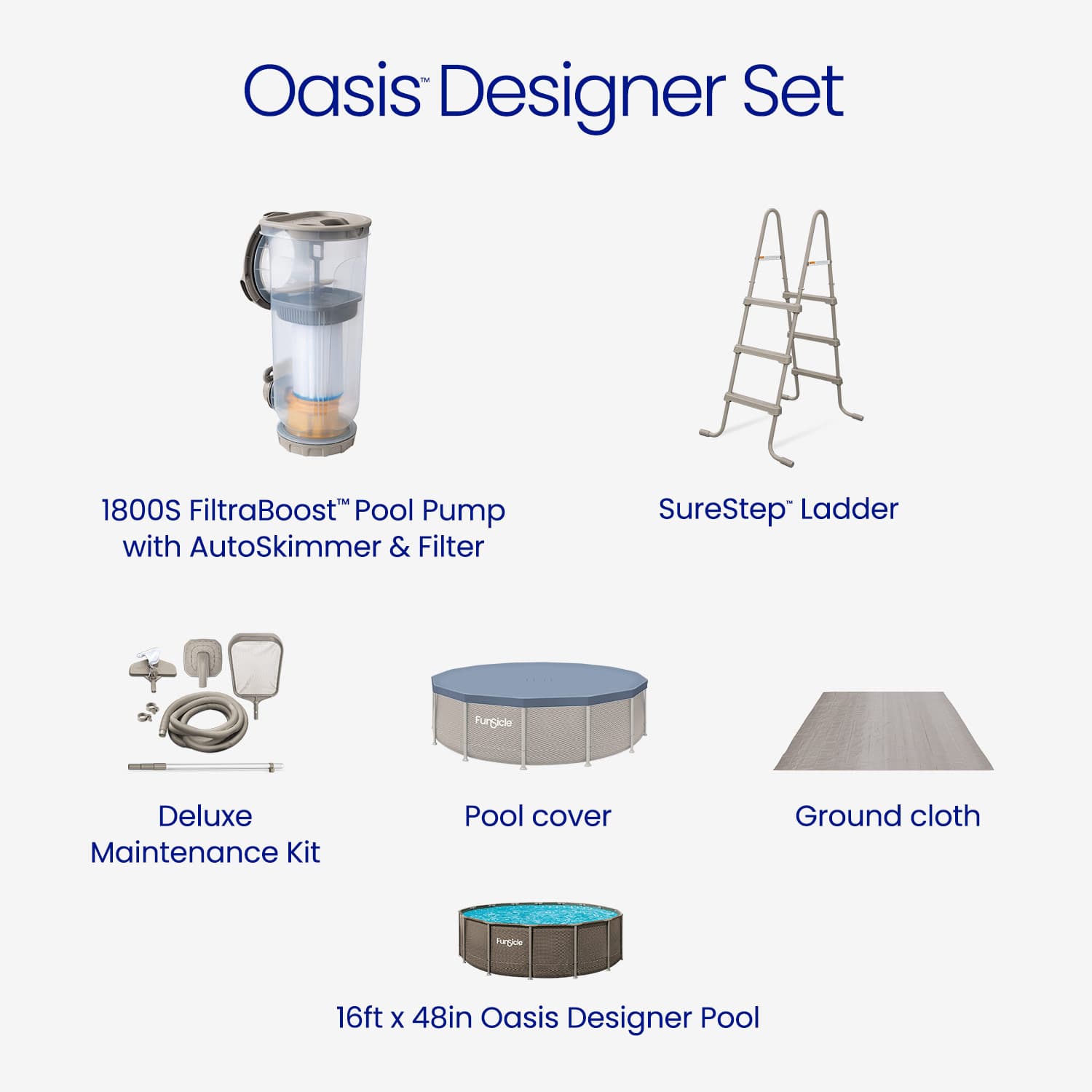 Oasis Designer Set with pool pump, ladder, cover, maintenance kit, and ground cloth on a white background.