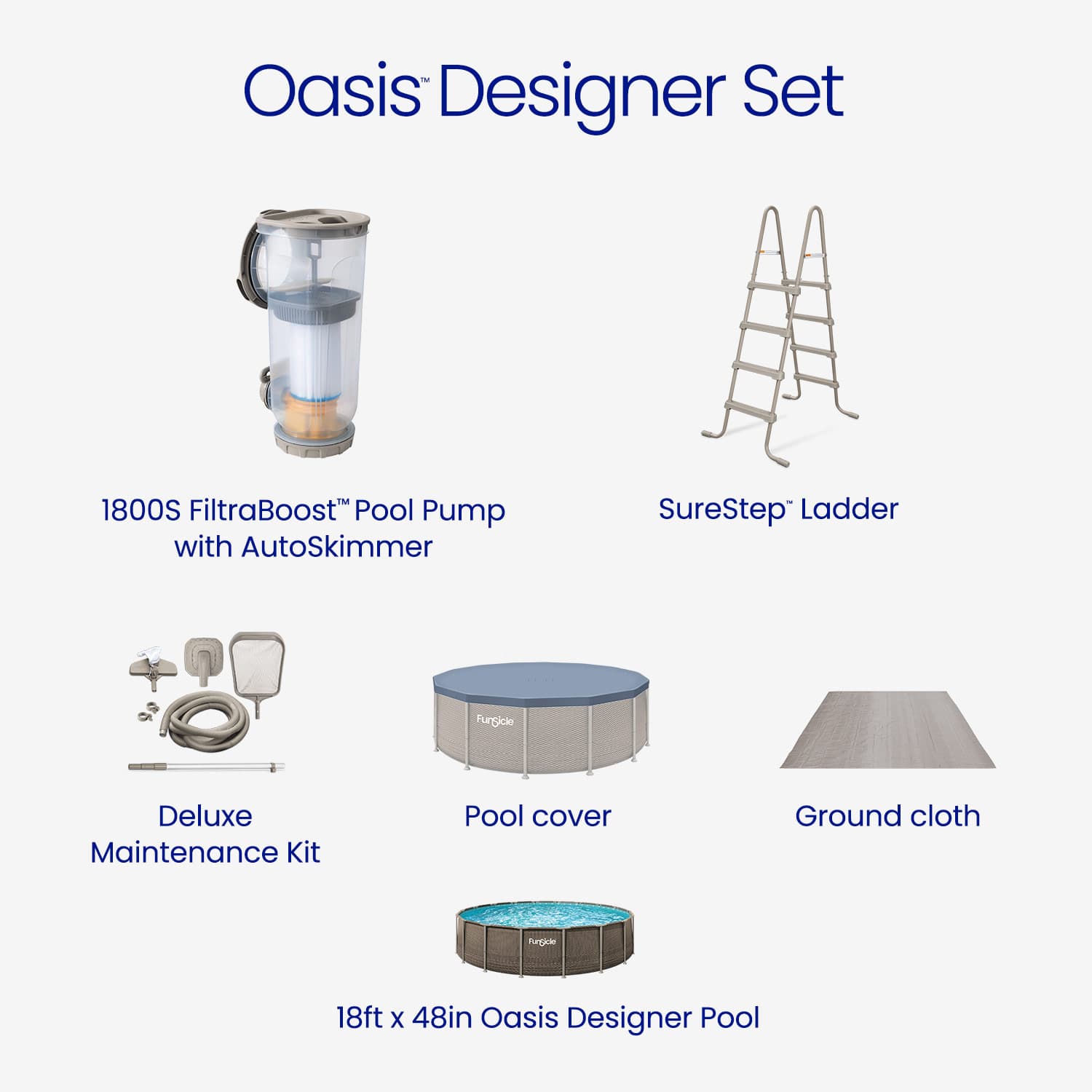 Oasis Designer Set with pool pump, ladder, cover, maintenance kit, and ground cloth on a white background.
