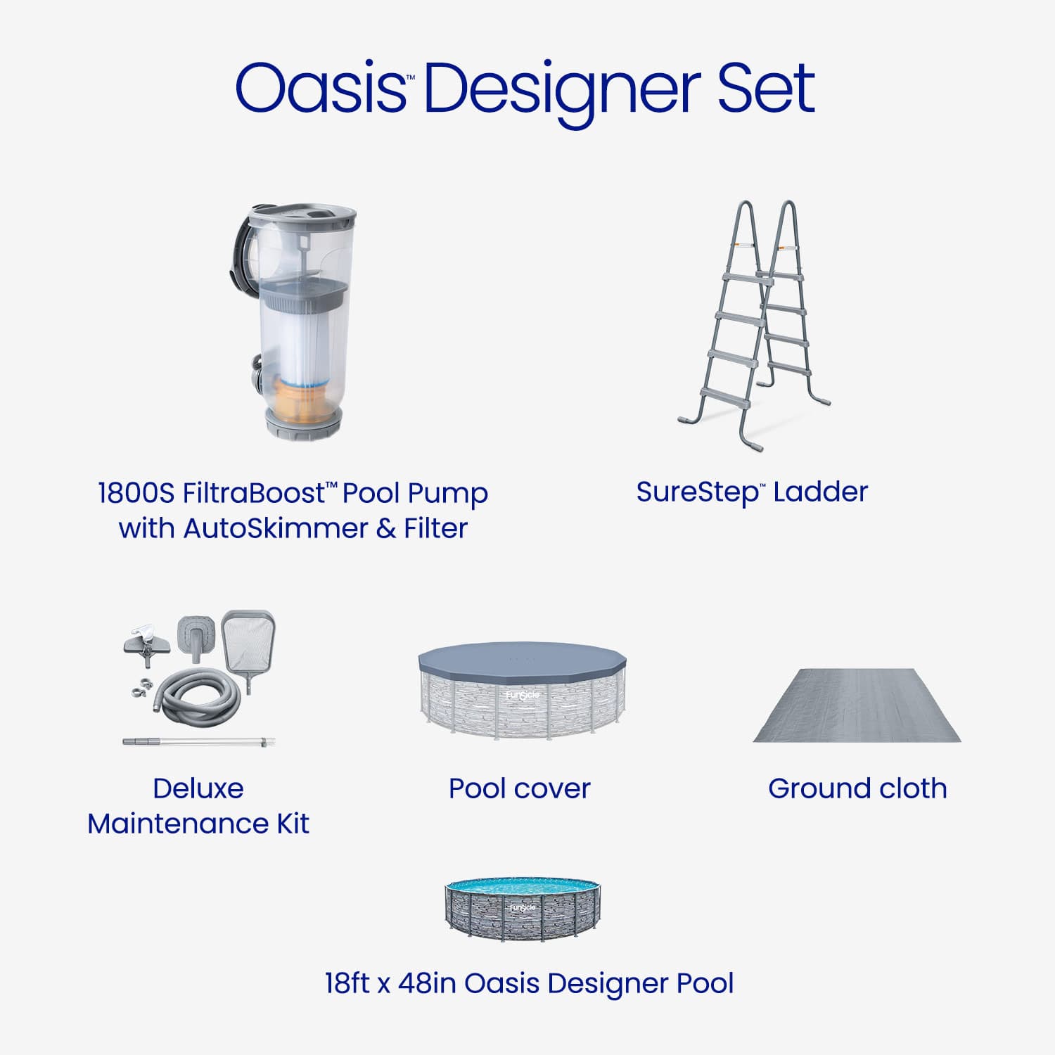 Oasis Designer Set with pool pump, ladder, cover, maintenance kit, and ground cloth on a white background.