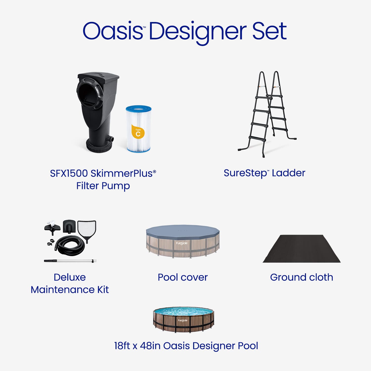Oasis Designer Set with pool components on a white background