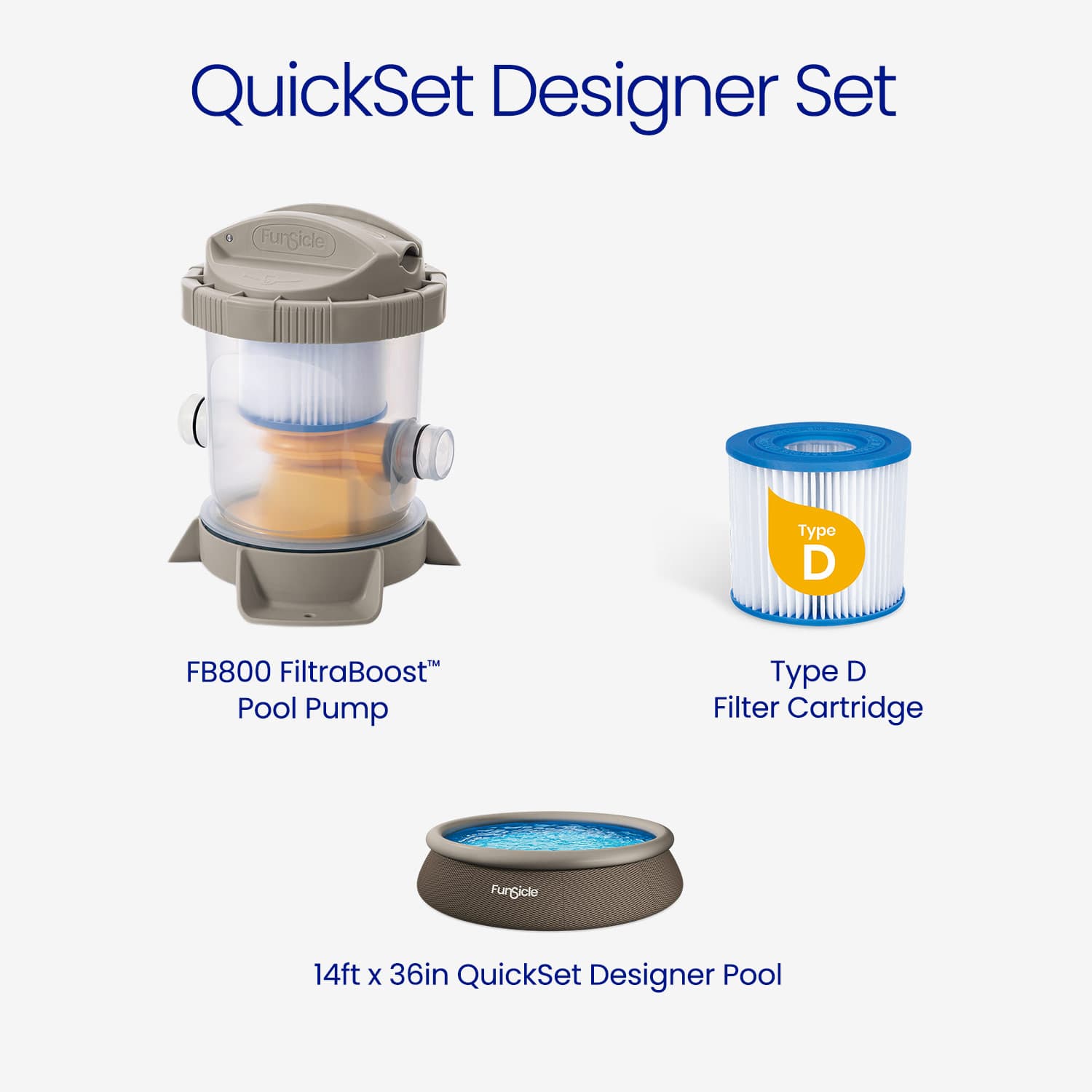 Pool maintenance set with pump, filter cartridge, and pool on a white background