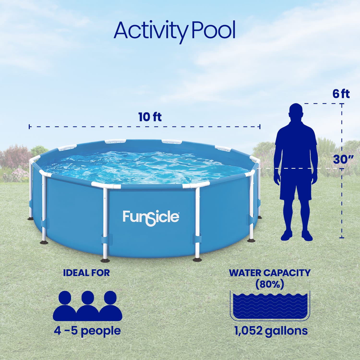 Funsicle activity pool with dimensions and capacity details on a grassy background
