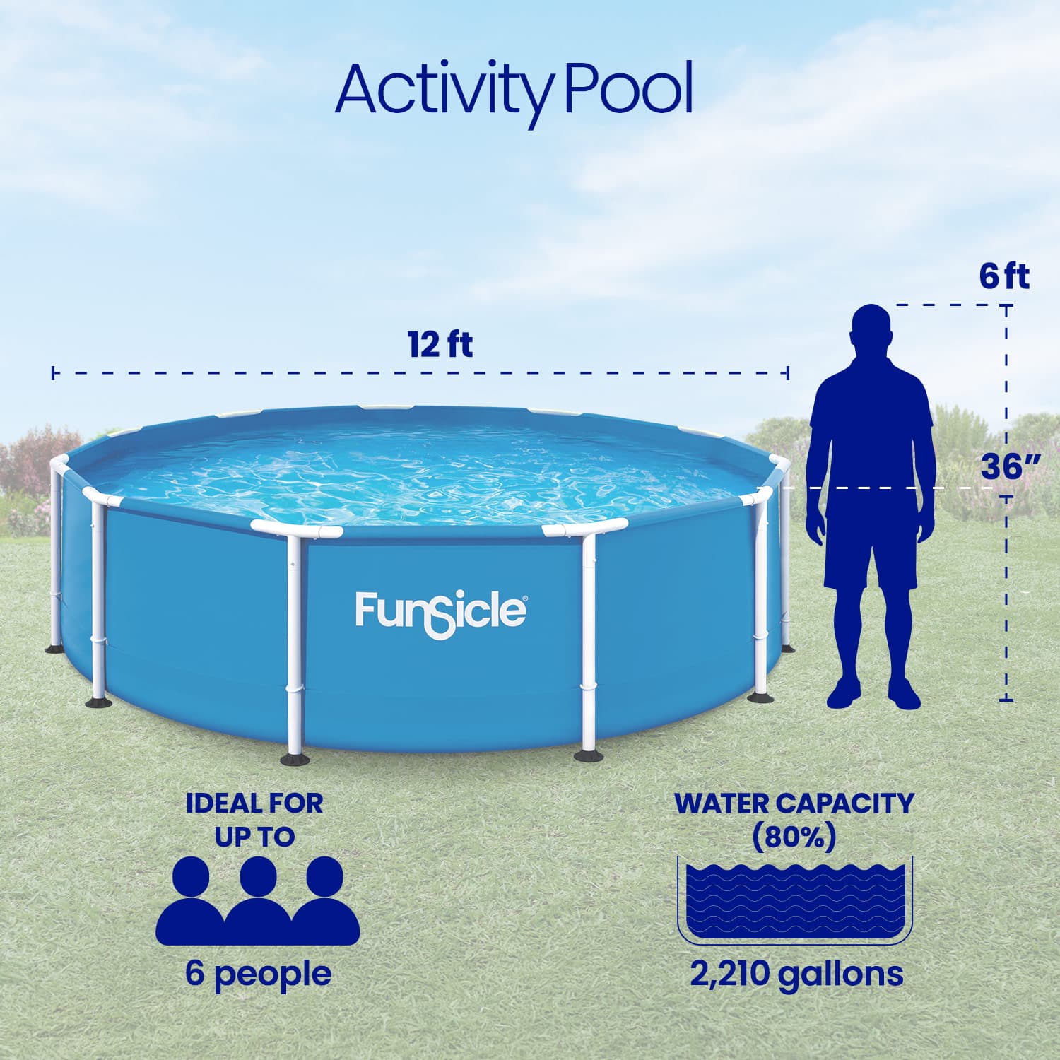 Funsicle inflatable pool with dimensions and capacity details on a grassy background