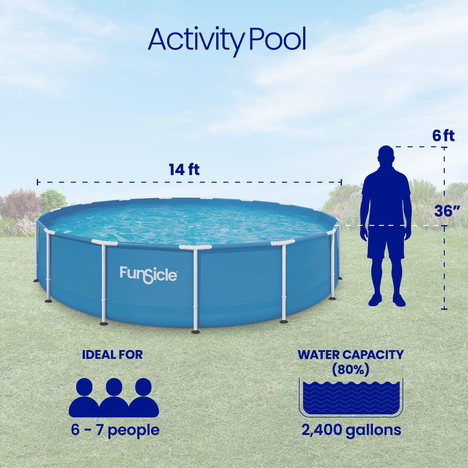 Funsicle metal frame pool with dimensions and capacity details on a grassy background