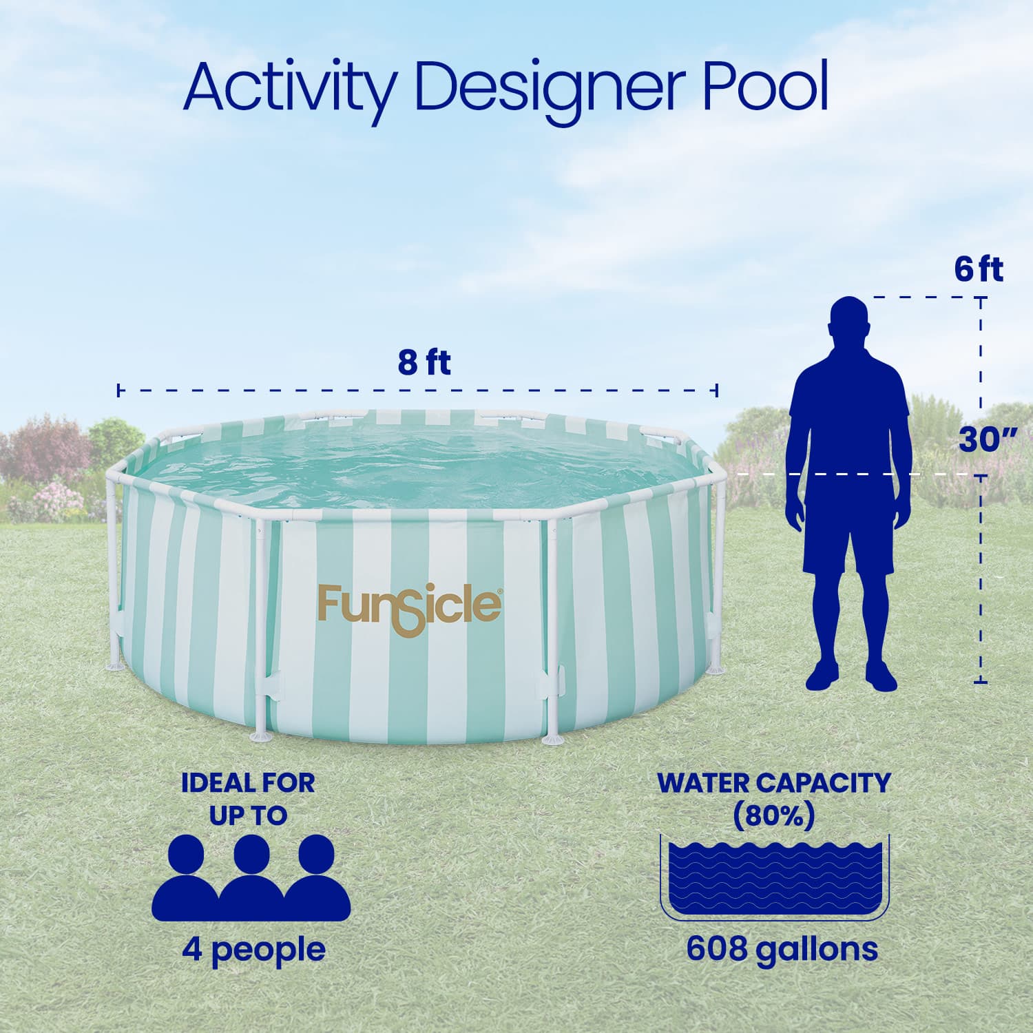 Funsicle metal frame pool with dimensions and capacity details on a grassy background