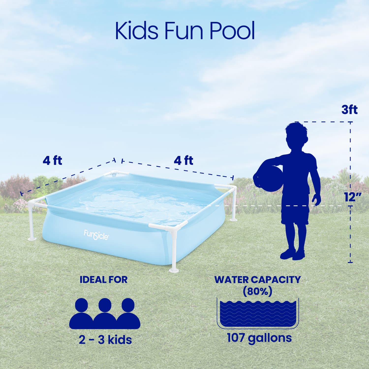 Rectangular kids' pool with dimensions and features on a grassy background