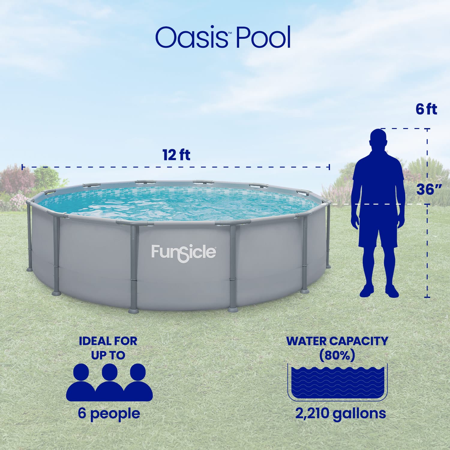 Funsicle pool with dimensions and features displayed on a grassy background