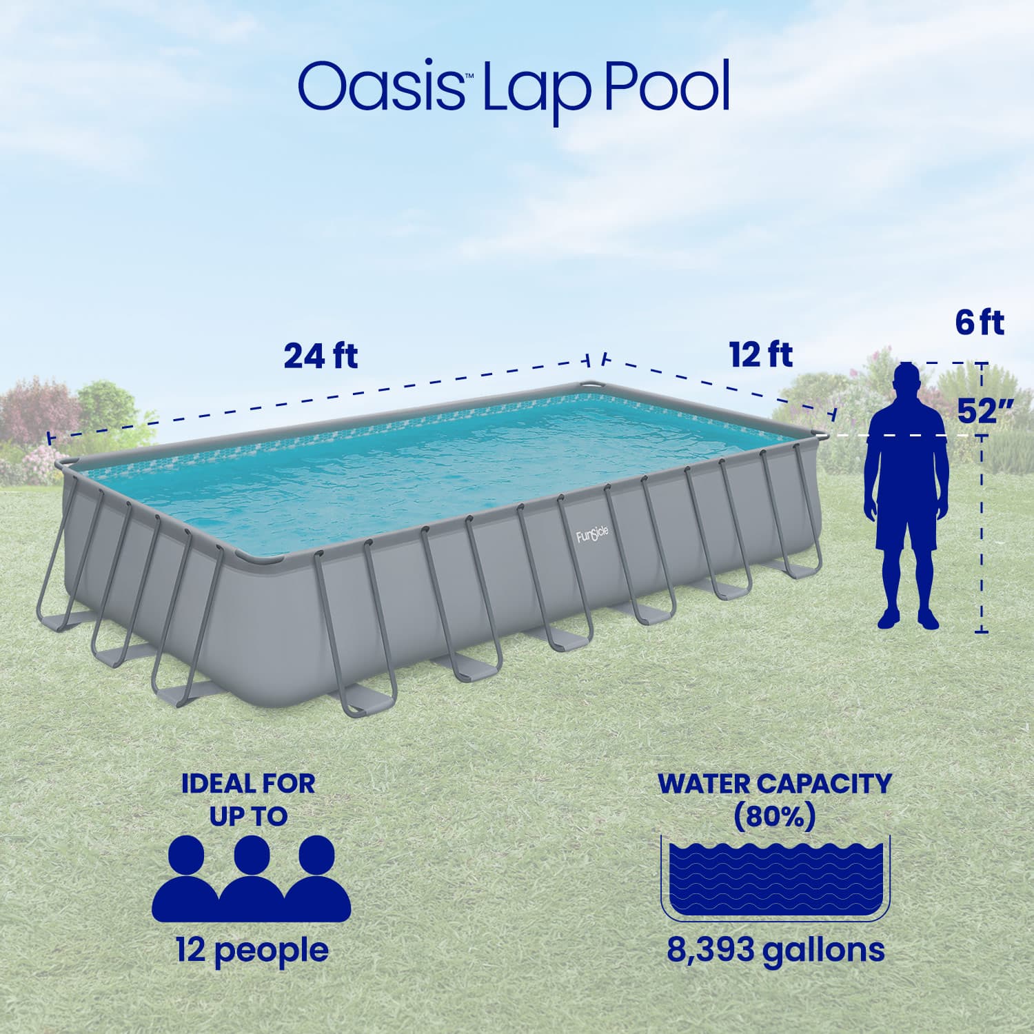 Oasis Lap Pool with dimensions and capacity details on a grassy background