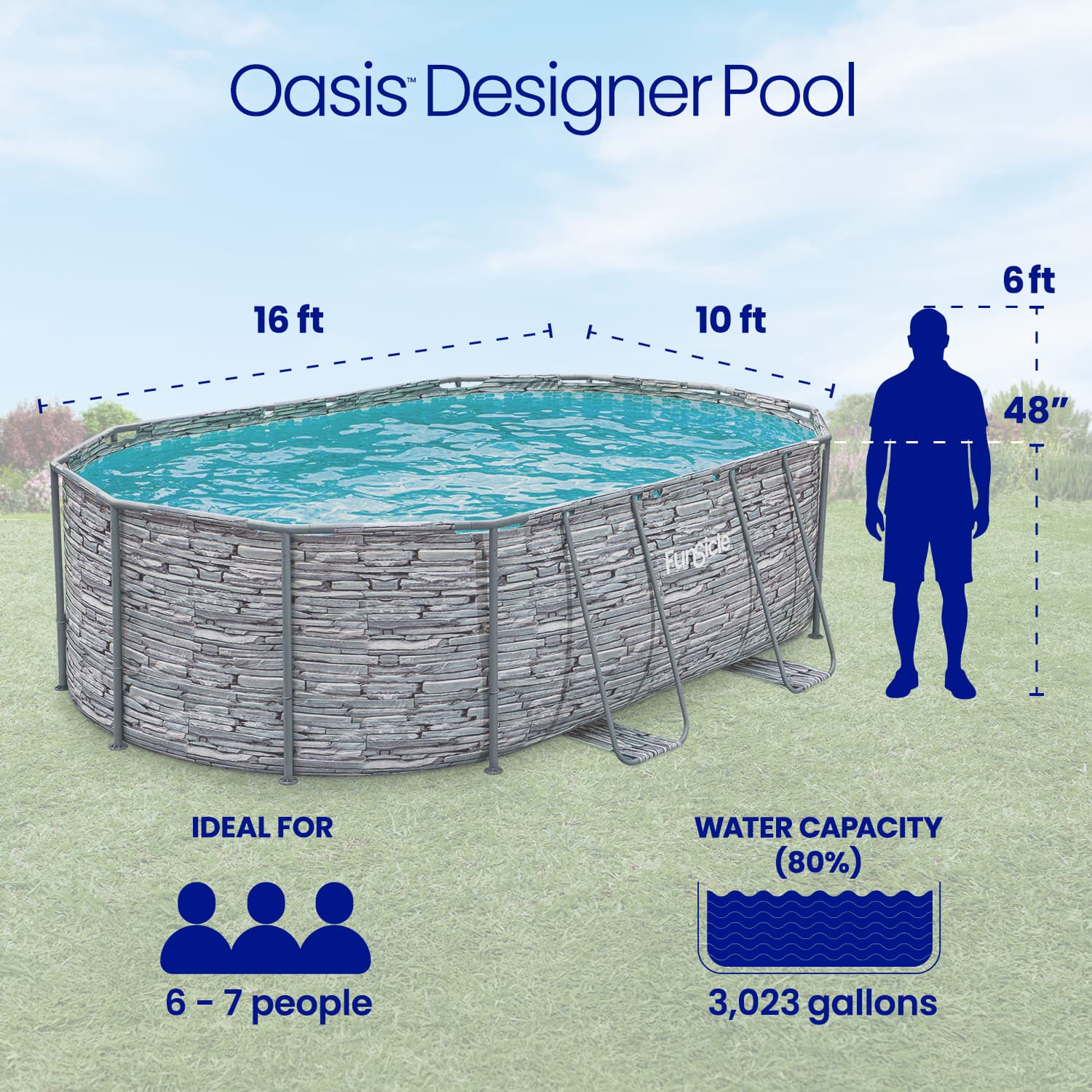 Oasis Designer Pool with dimensions and features displayed