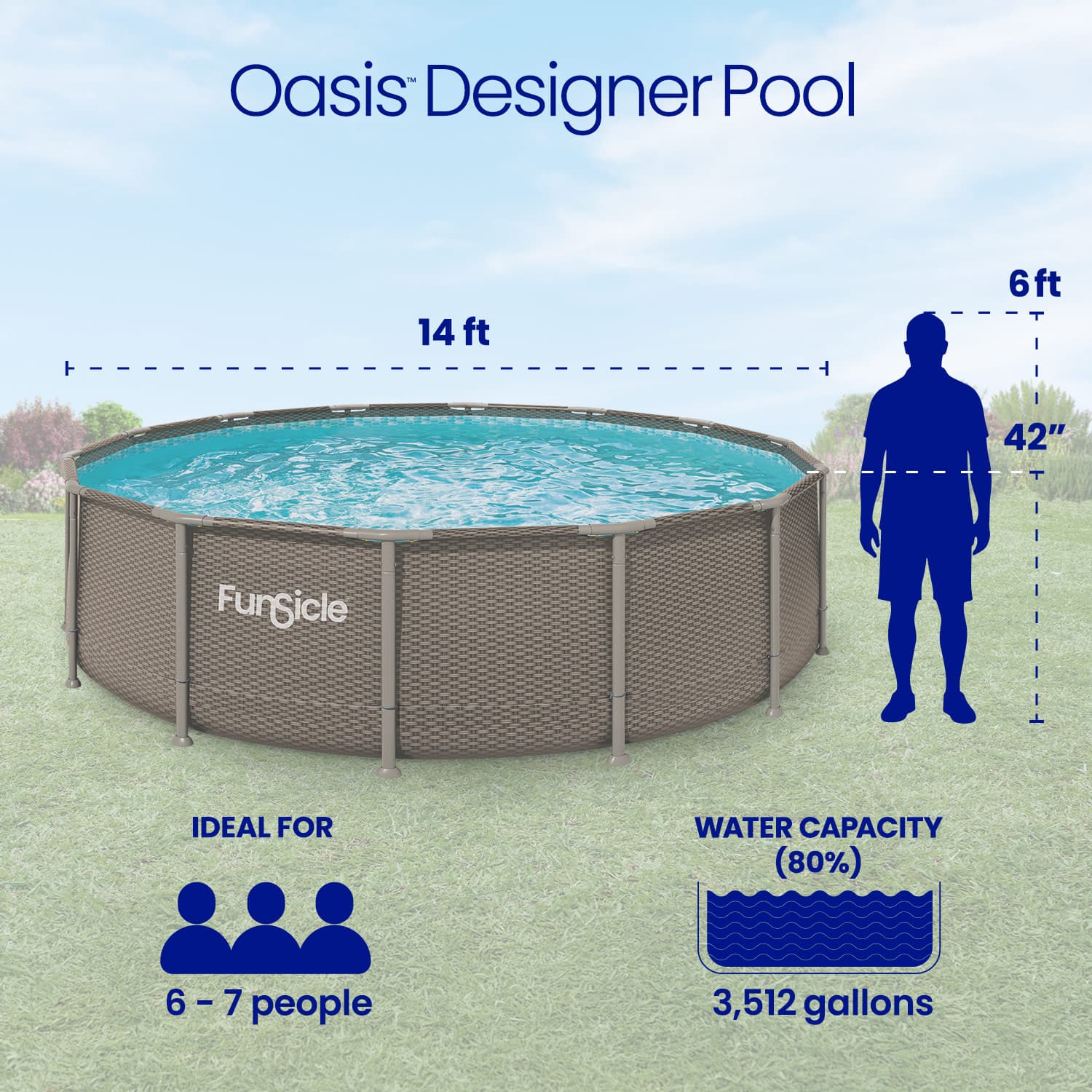 Funsicle Oasis Designer Pool with dimensions and features on a grassy background
