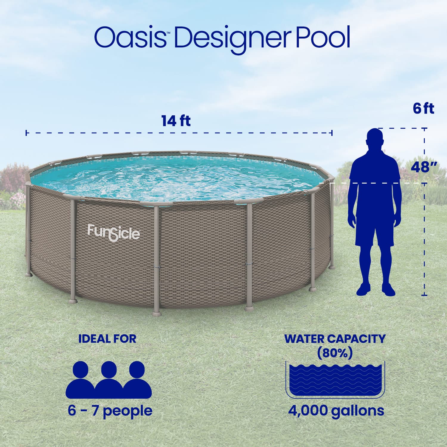 Funsicle Oasis Designer Pool with dimensions and features on a grassy background