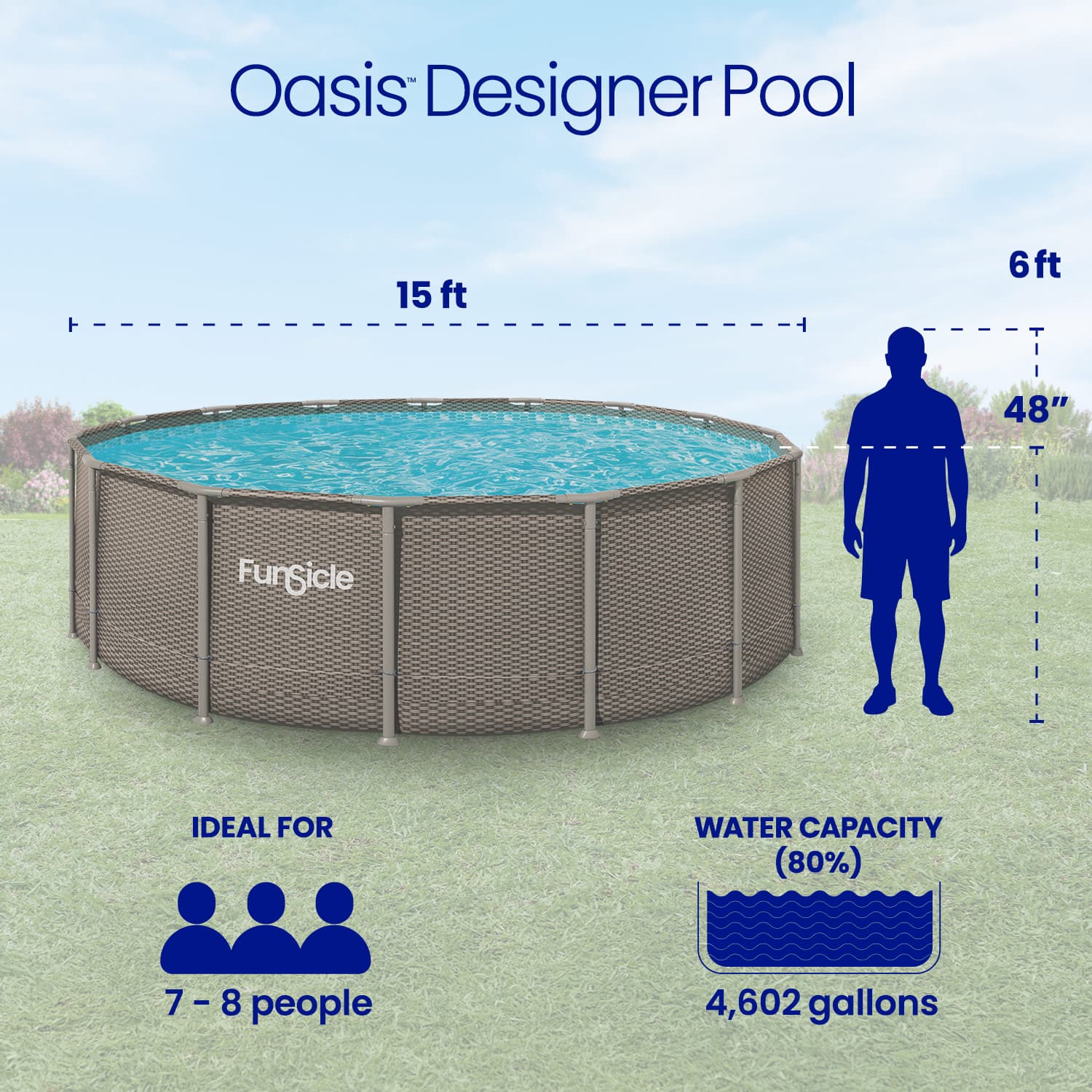 Funsicle Oasis Designer Pool with dimensions and features on a grassy background