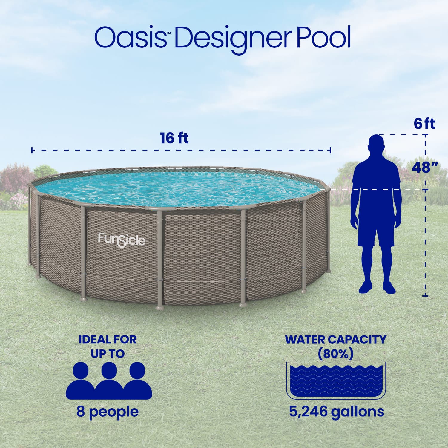 Oasis Designer Pool with dimensions and features displayed