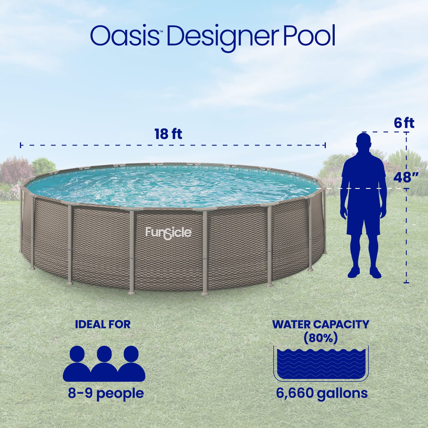 Funsicle Oasis Designer Pool with dimensions and capacity details on a grassy background