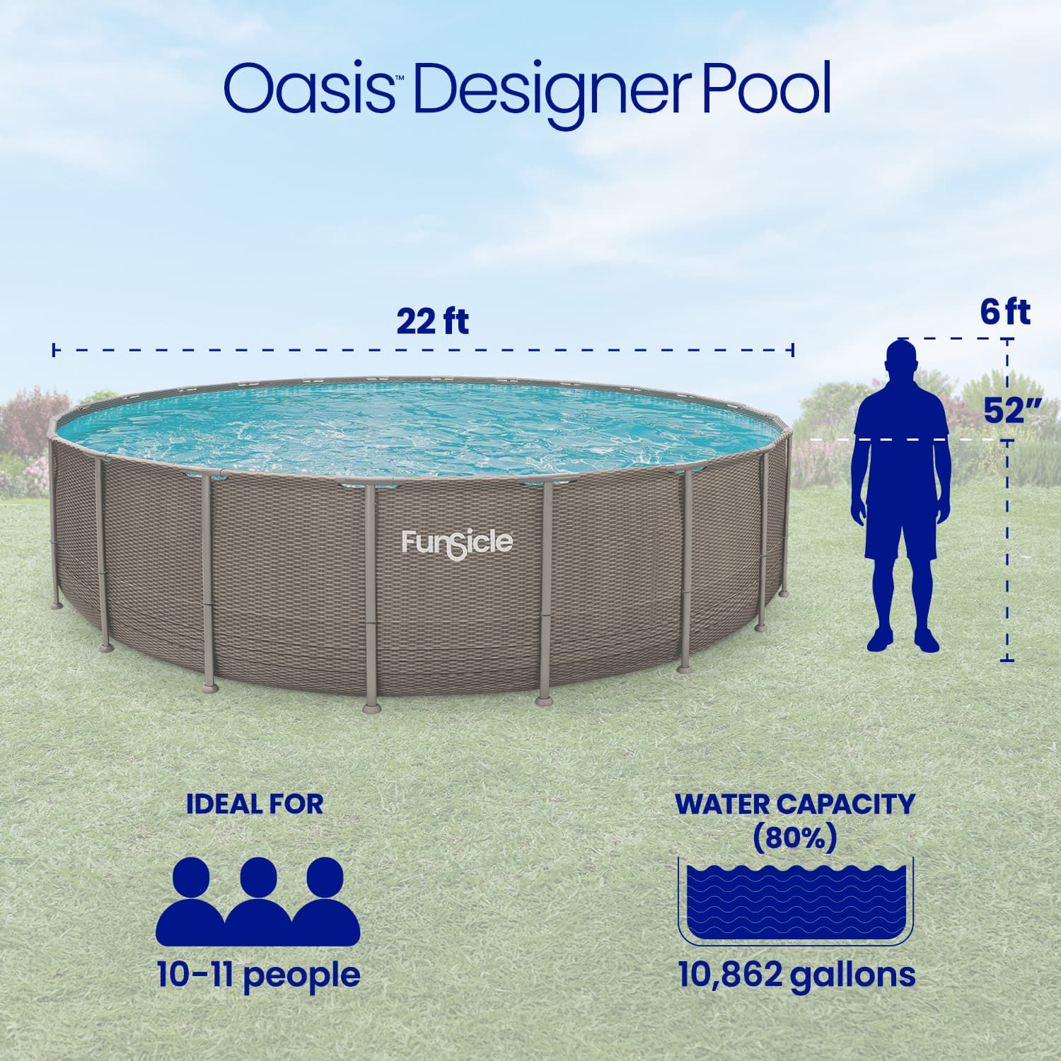 Oasis Designer Pool with dimensions and features displayed
