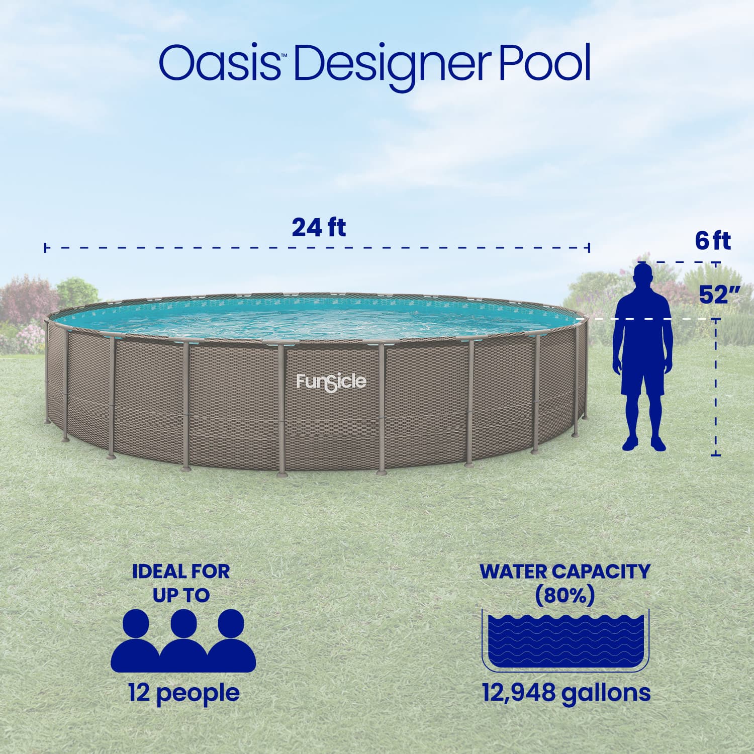 Oasis Designer Pool with dimensions and features displayed on a grassy background