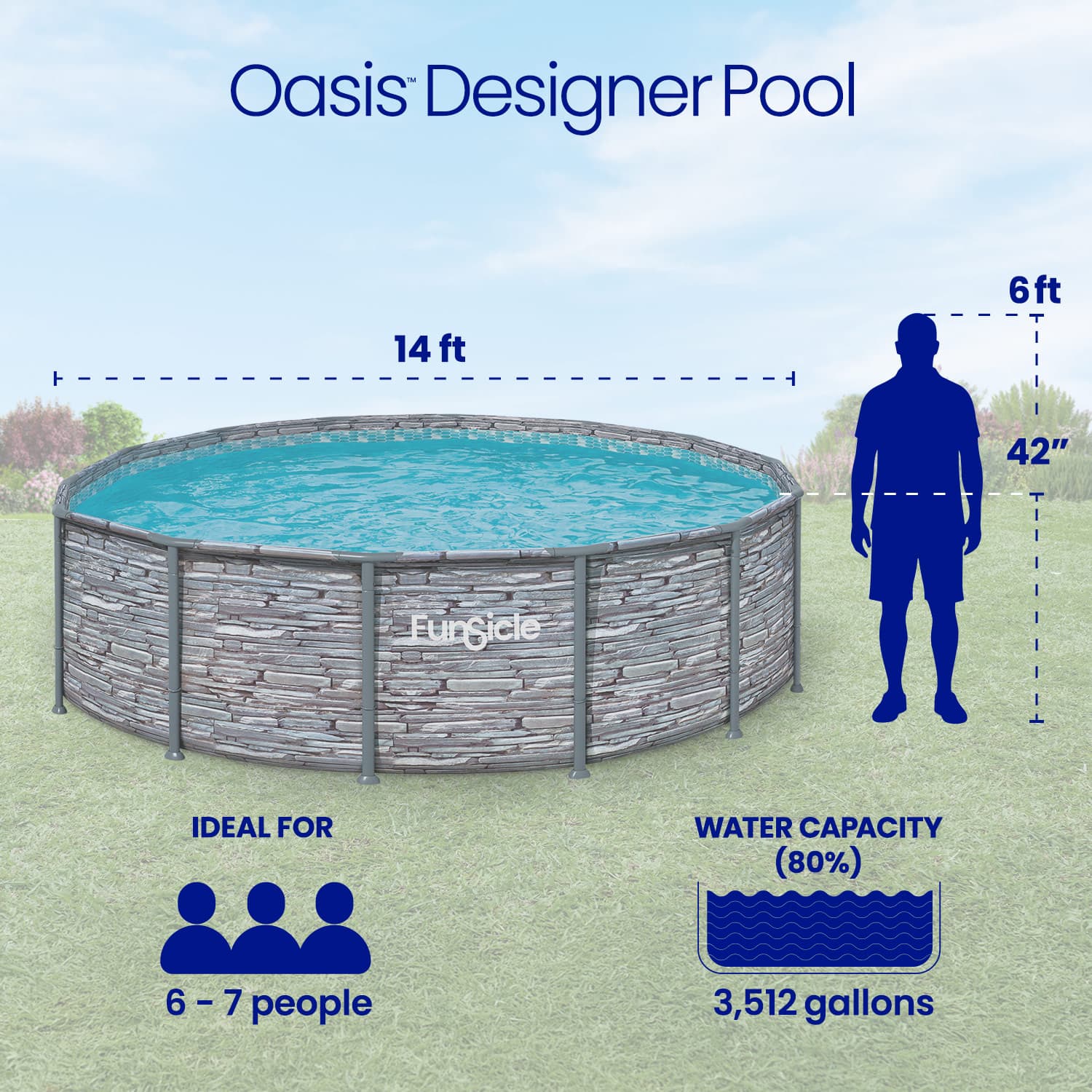 Funsicle Oasis Designer Pool with dimensions and features on a grassy background