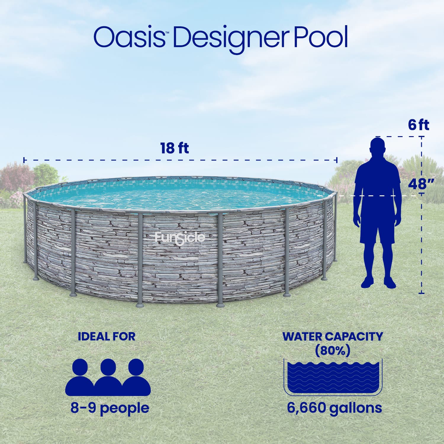Oasis Designer Pool with dimensions and features on a grassy background