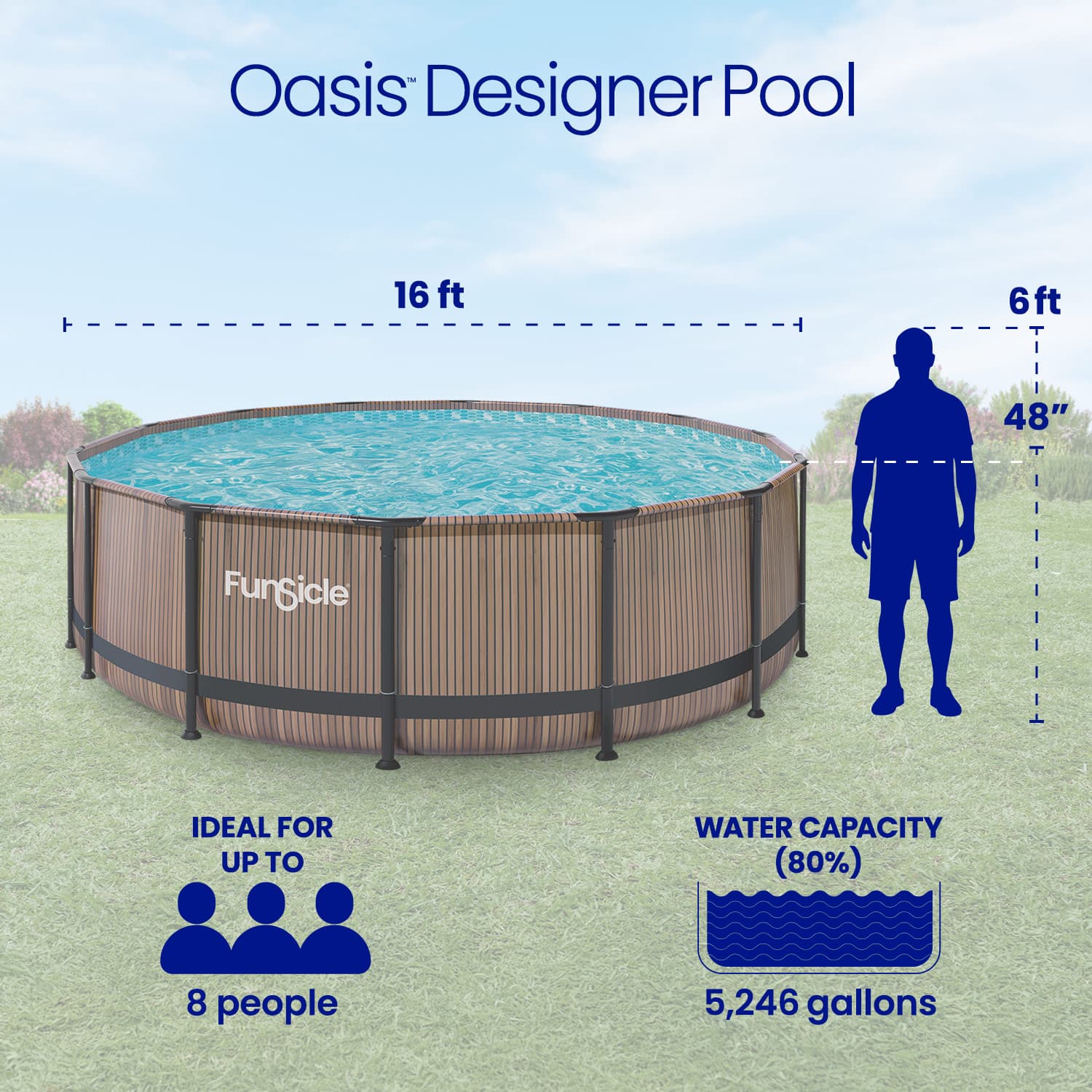 Funsicle Oasis Designer Pool with dimensions and features displayed
