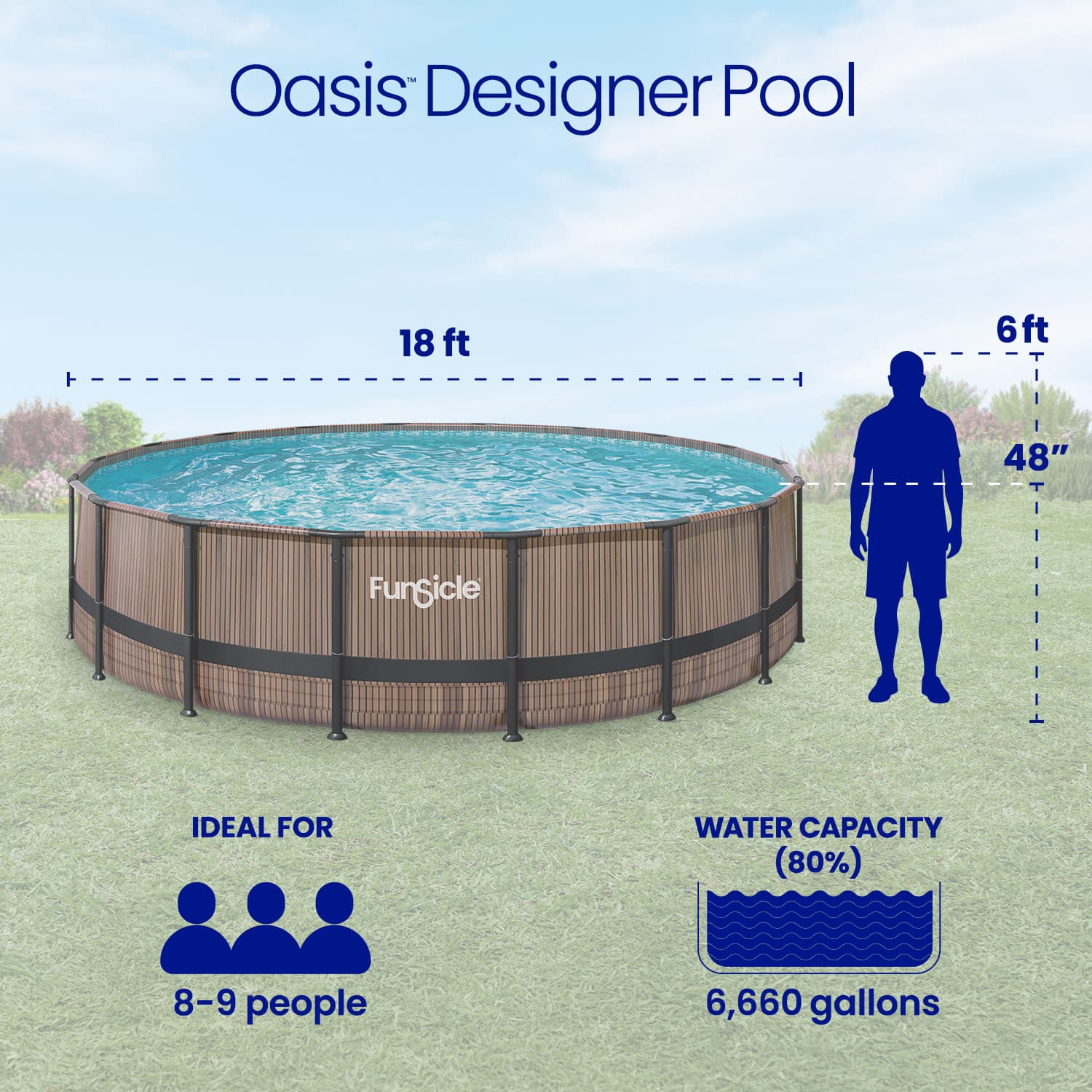Funsicle Oasis Designer Pool with dimensions and capacity details on a grassy background
