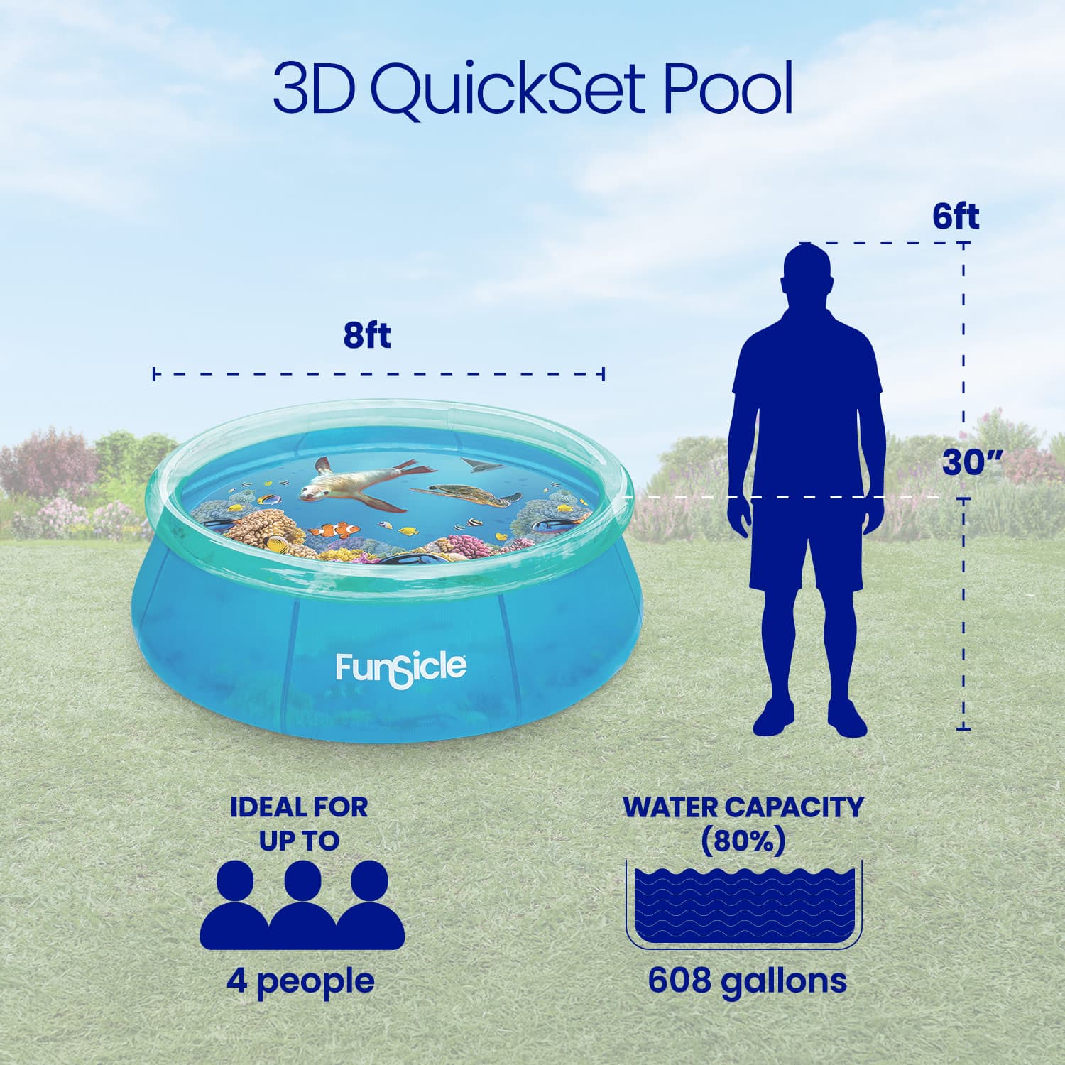 Funsicle 3D QuickSet Pool with dimensions and features on a grassy background
