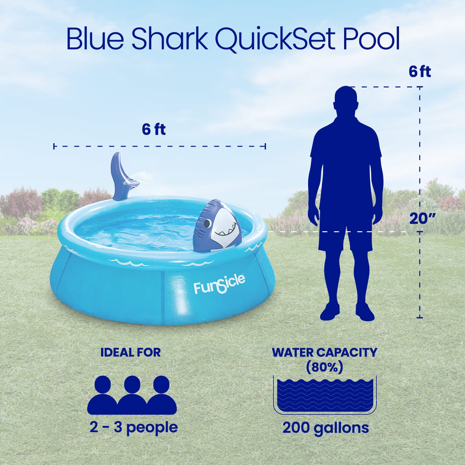Blue Shark QuickSet pool with dimensions and features on a grassy background