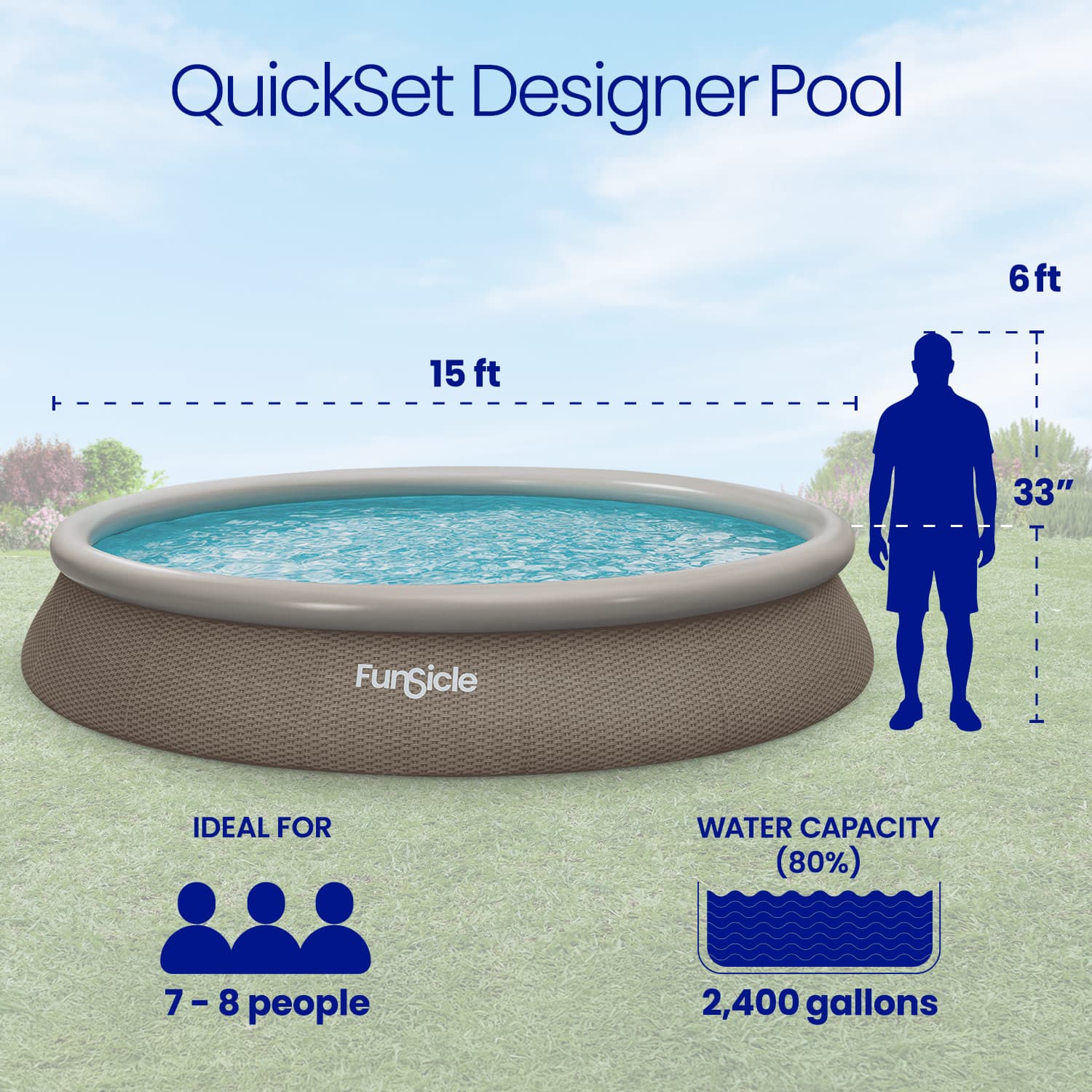 Futurocle QuickSet Designer Pool with dimensions and features on a grassy background