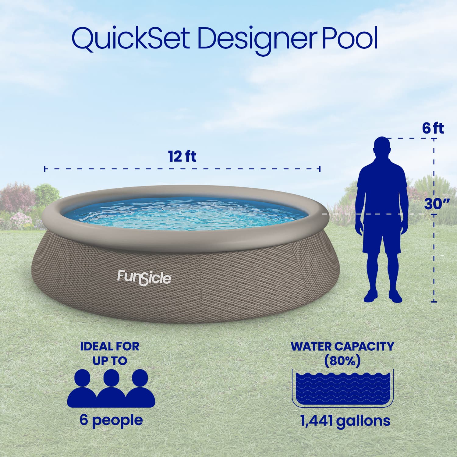 Funsicle QuickSet Designer Pool with dimensions and features on a grassy background