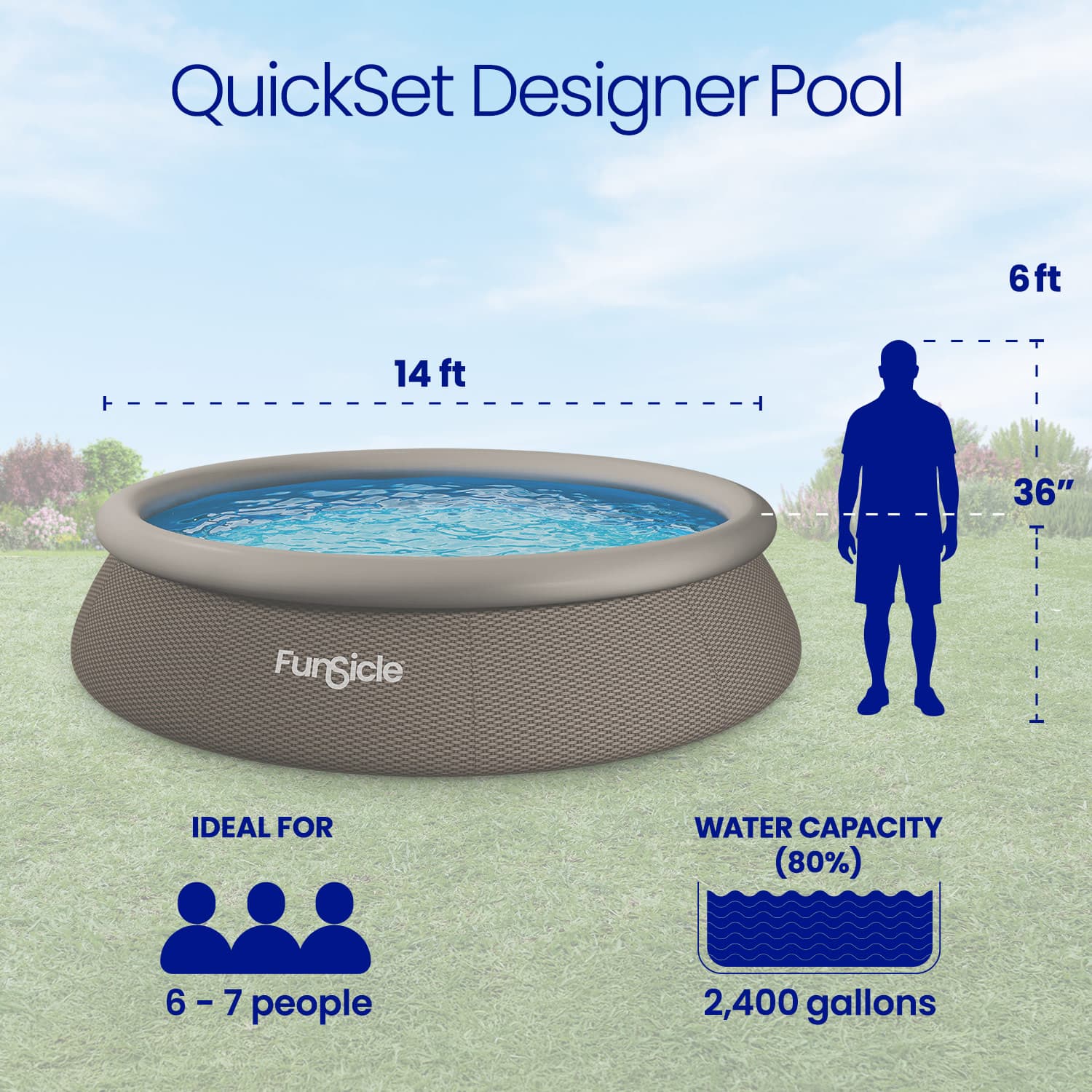 Funsicle quick-set designer pool with dimensions and capacity details on a grassy background