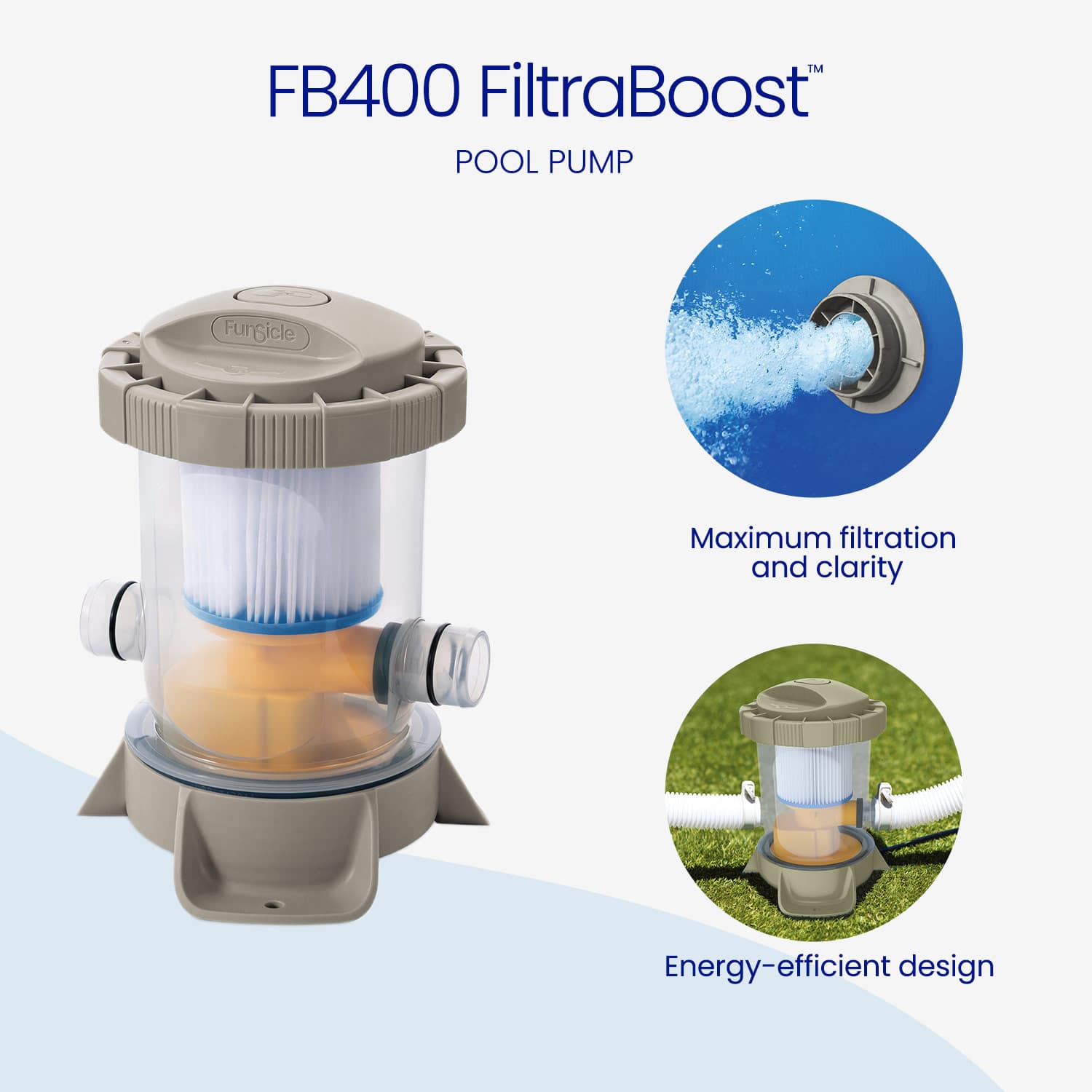 FB400 FiltraBoost pool pump with features highlighted on a white background
