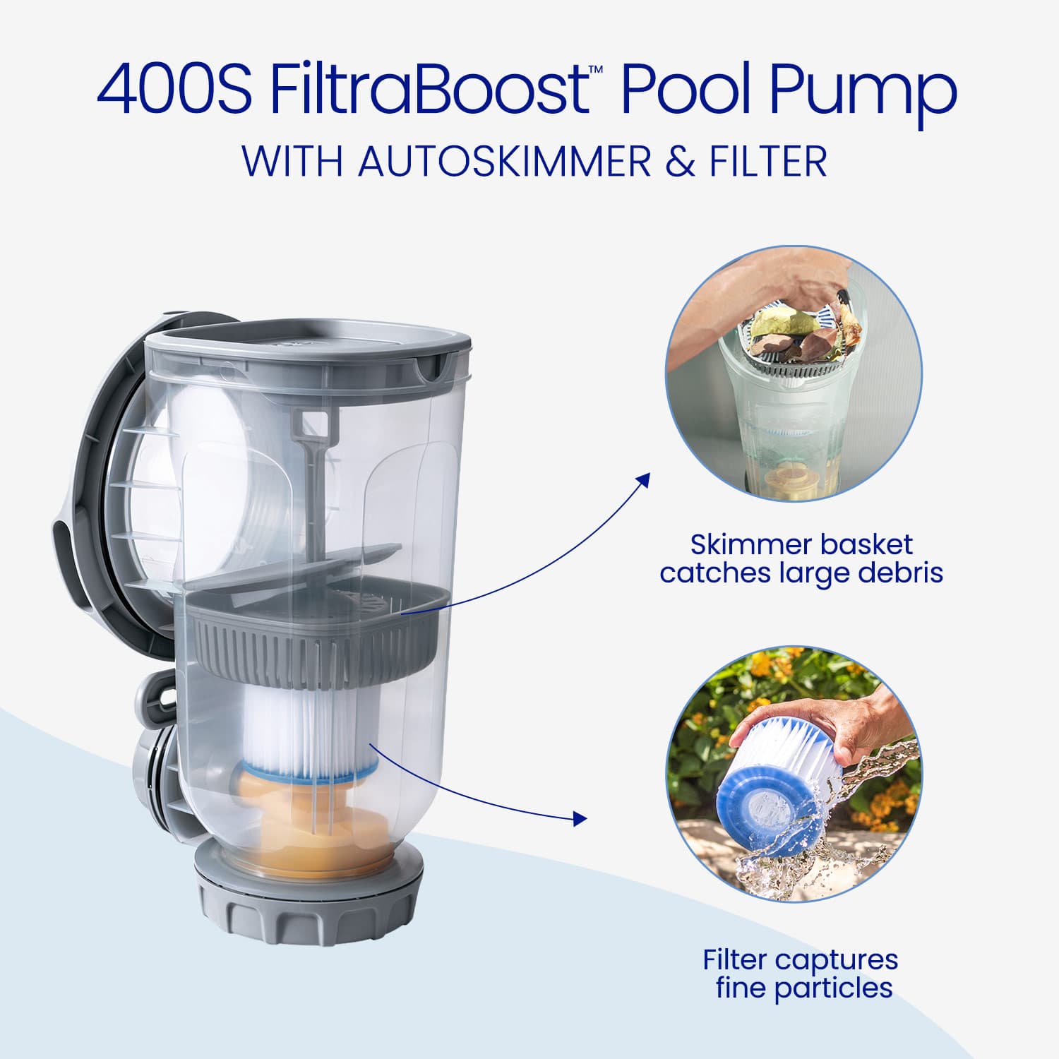 400S FiltraBoost pool pump with autoskimmer and filter on a light blue background