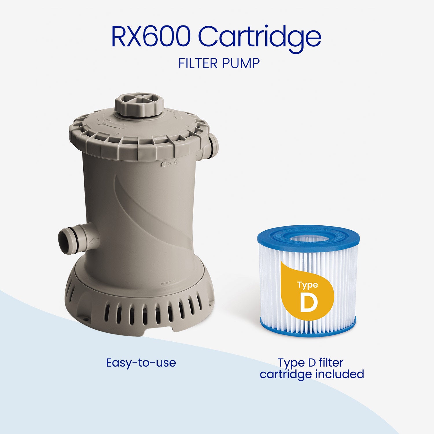 Filter pump with Type D filter cartridge on a light blue background