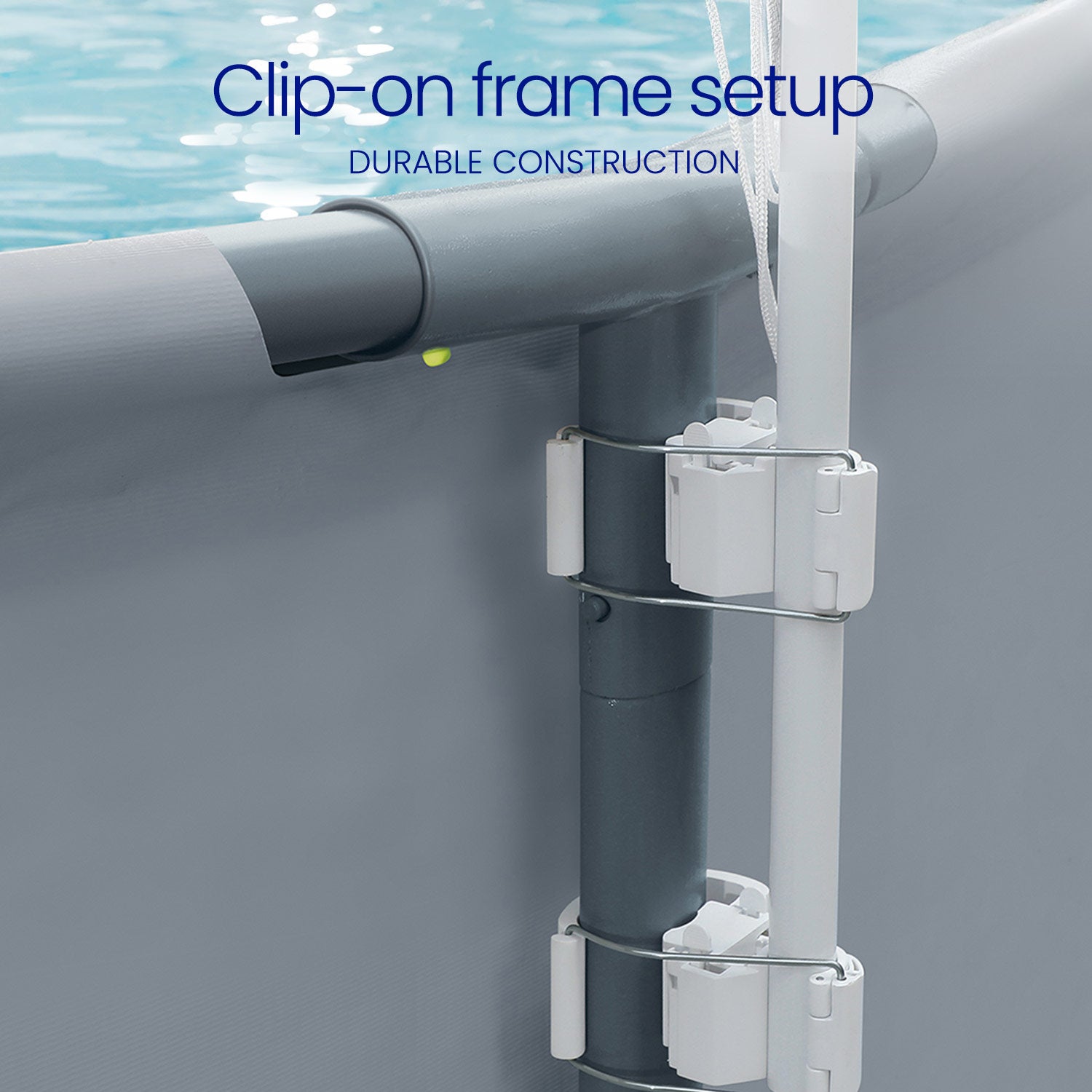 Clip-on frame setup for a pool with durable construction text