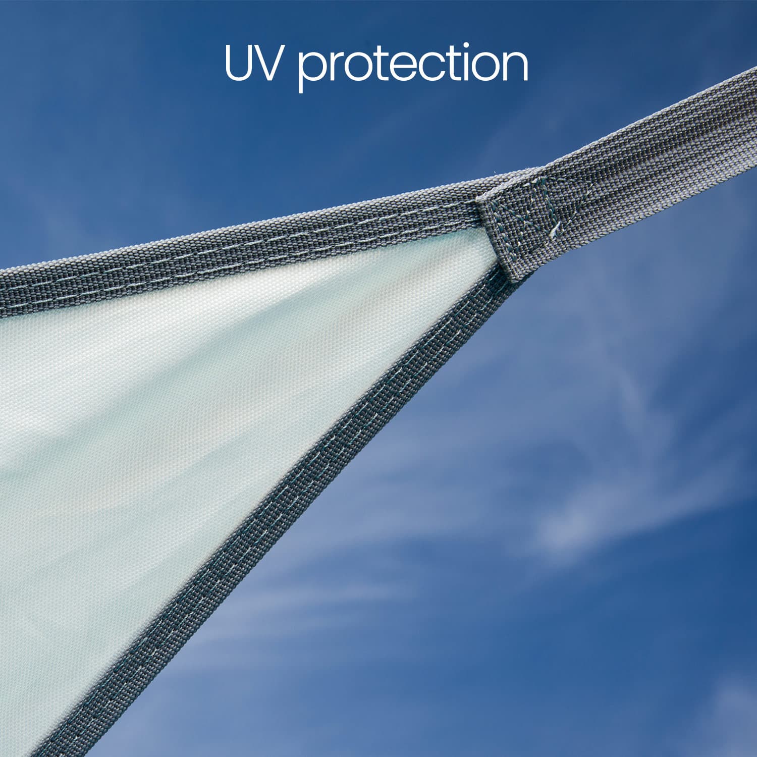Text 'UV protection' on a fabric with a blue sky background