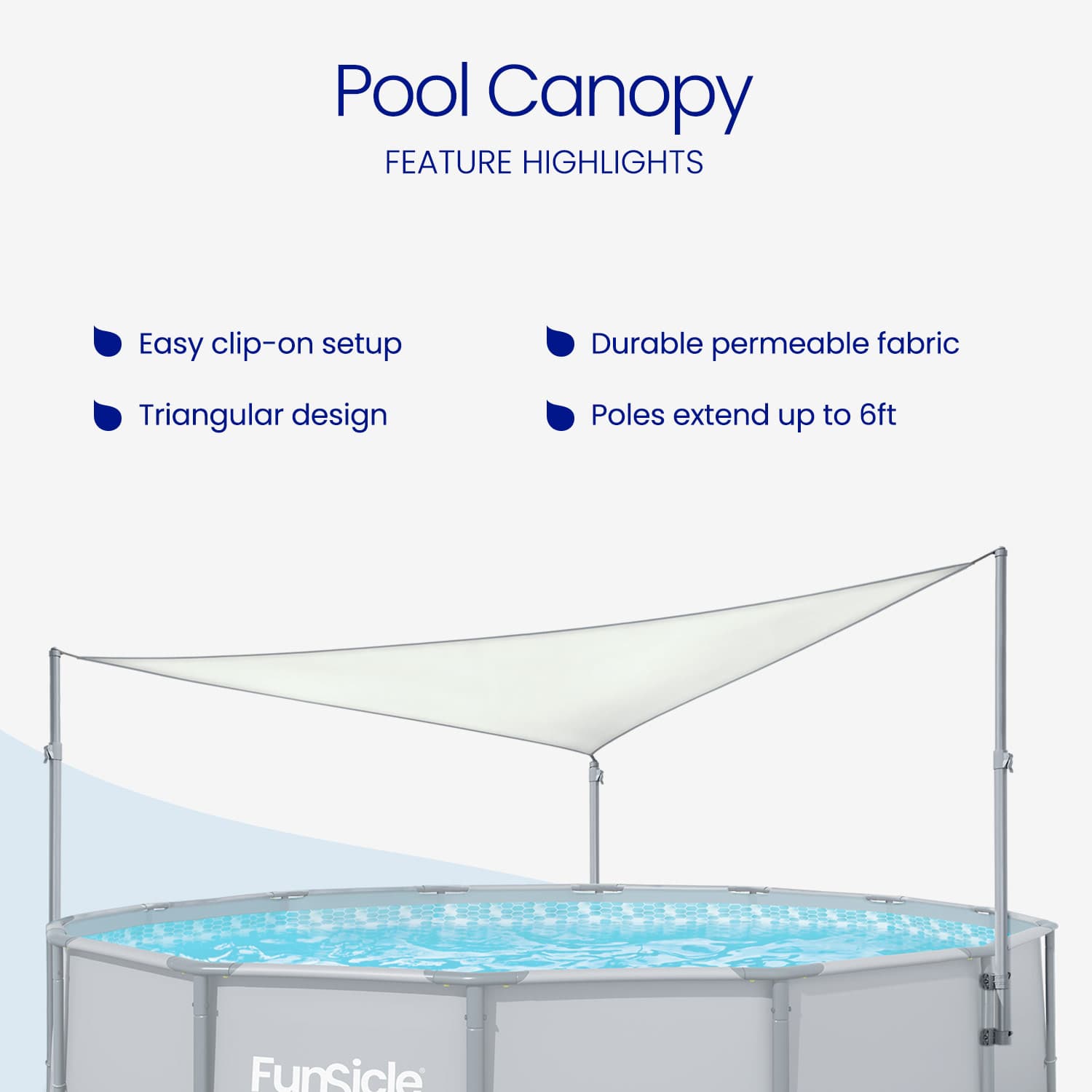 Pool canopy with features listed on a white background