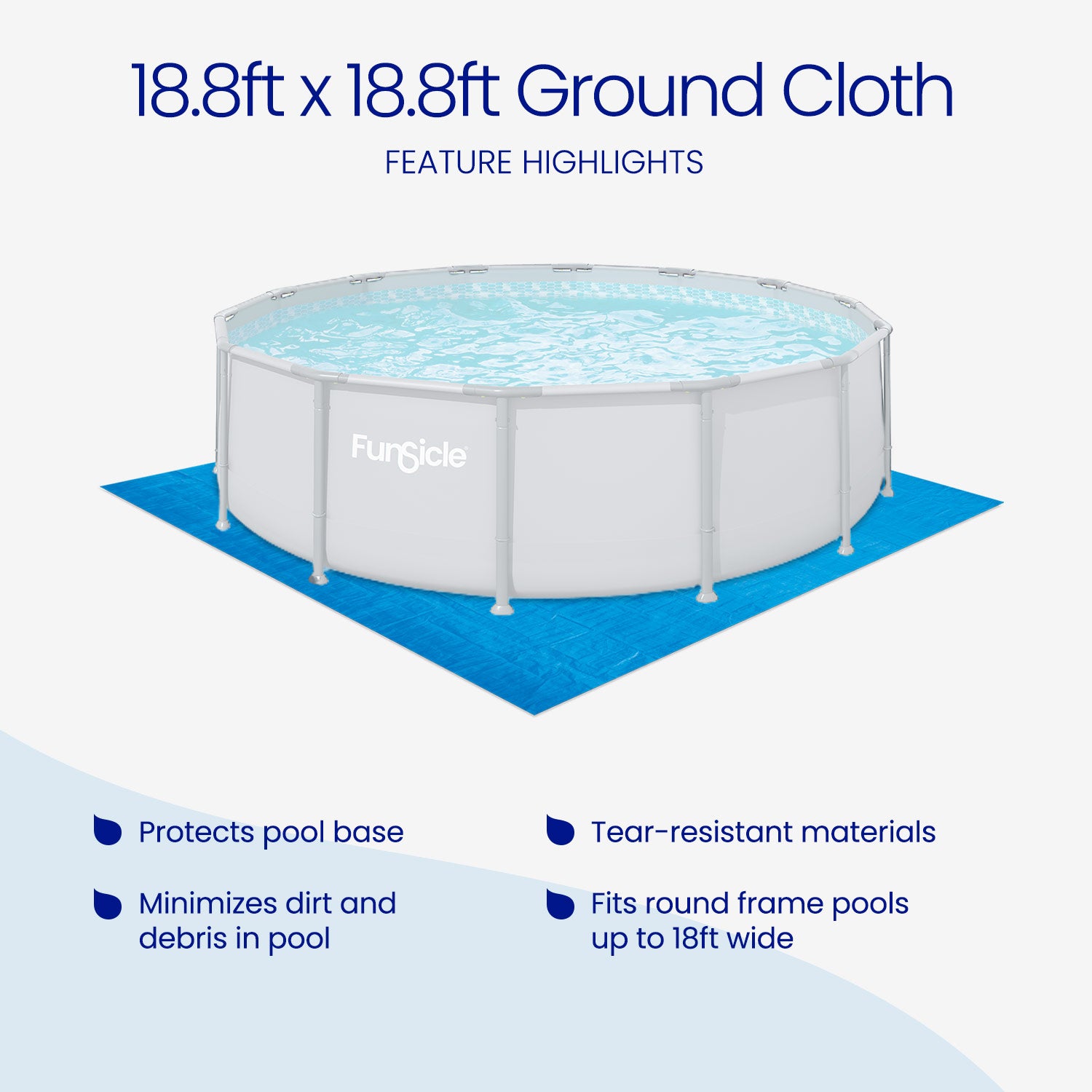Funsicle 18.8ft x 18.8ft ground cloth for round frame pool with features listed.