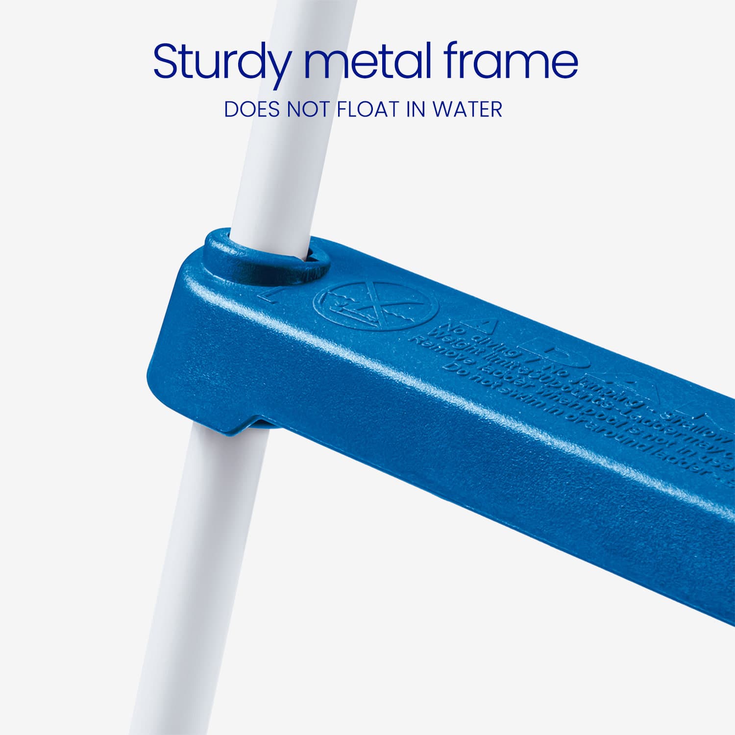 Close-up of a blue metal frame with white rods on a light gray background, featuring text about the frame's sturdiness.