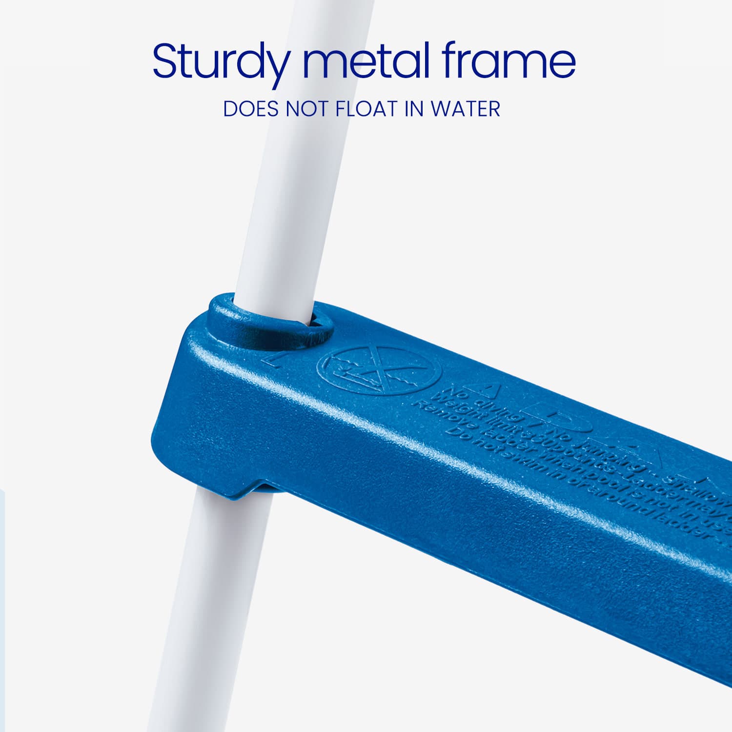 Blue metal frame with white pole on a light gray background, featuring text about the frame's sturdiness.
