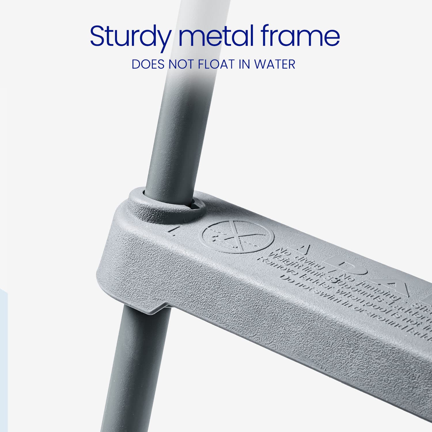 Sturdy metal frame with text indicating it does not float in water on a white background